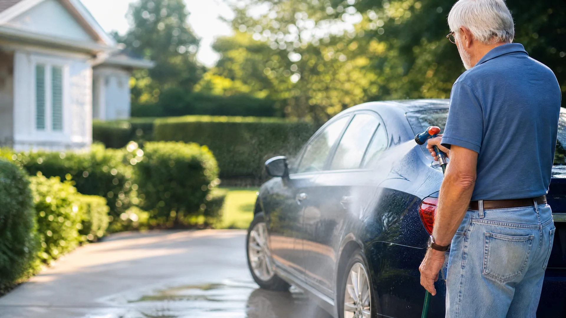 An older man in a blue polo shirt and jeans sprays a dark sedan with a hose nozzle on a driveway, with trimmed hedges and a light-colored house in the background.