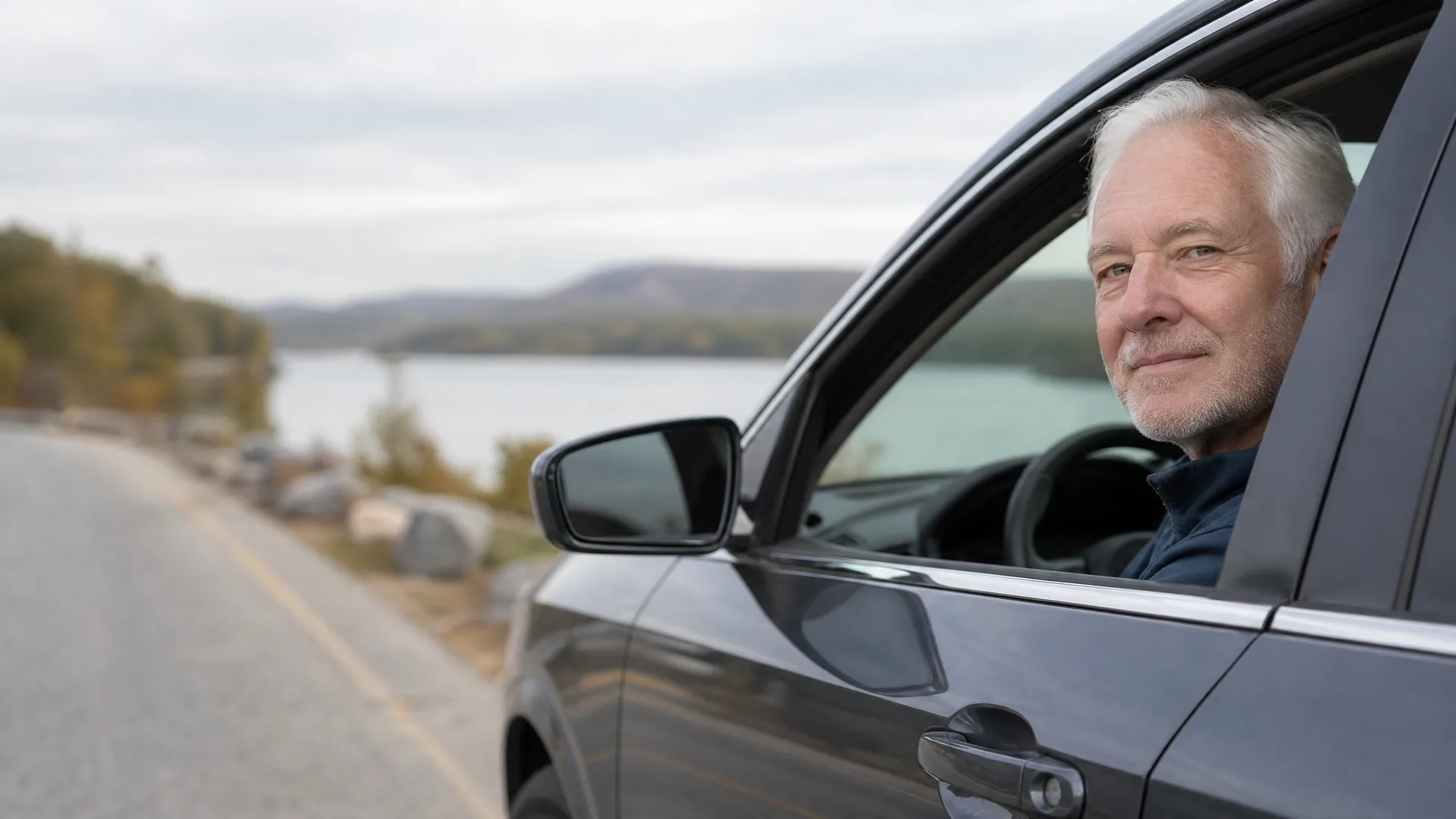 An older man with white hair looks out of the open driver's window of a dark car parked on a roadside beside a lake, with hills and autumn-toned trees in the background.