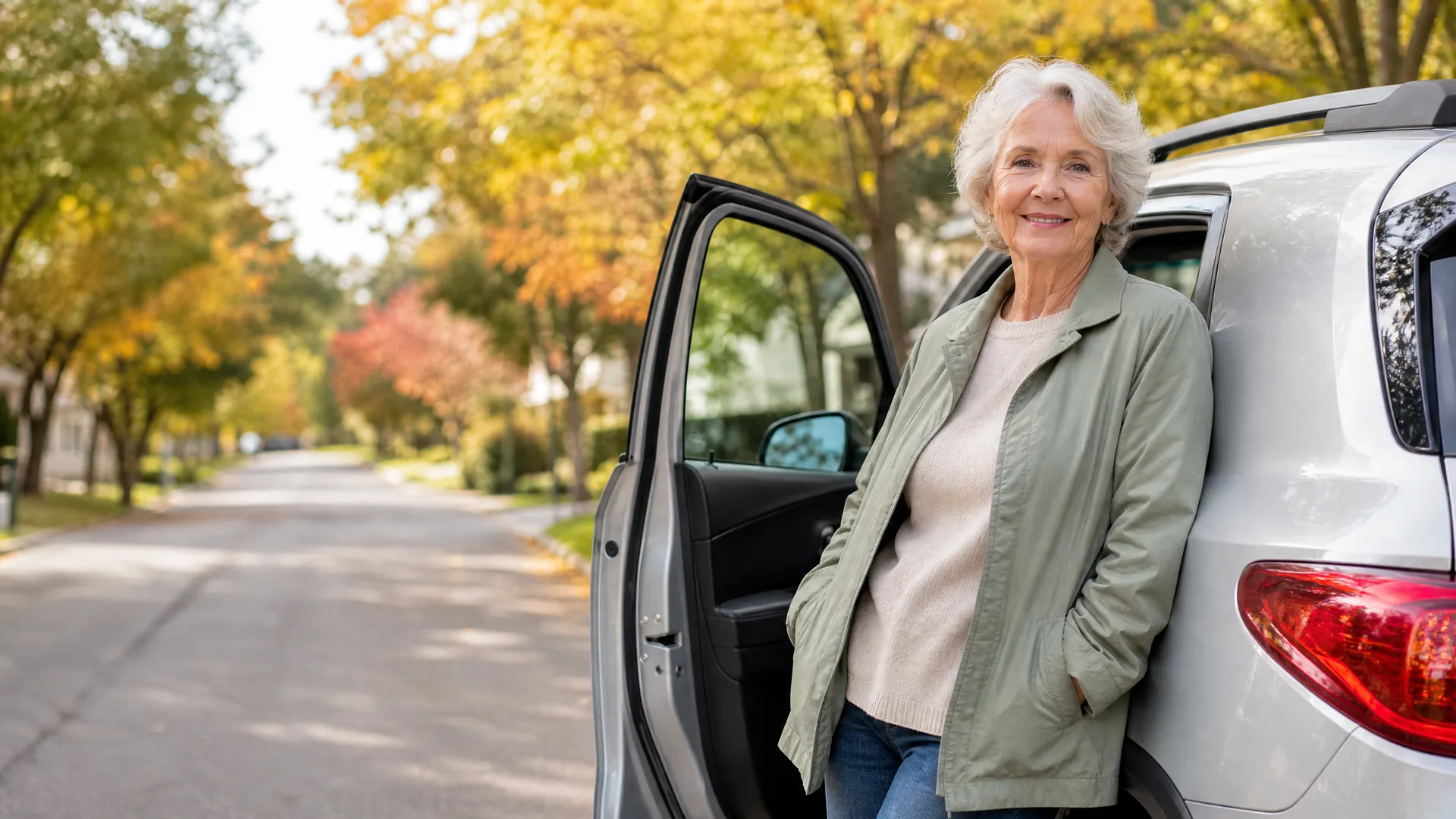 An older woman with short white hair in a green jacket and cream sweater stands beside the open door of a silver SUV on a tree-lined residential street with yellow and orange autumn foliage.