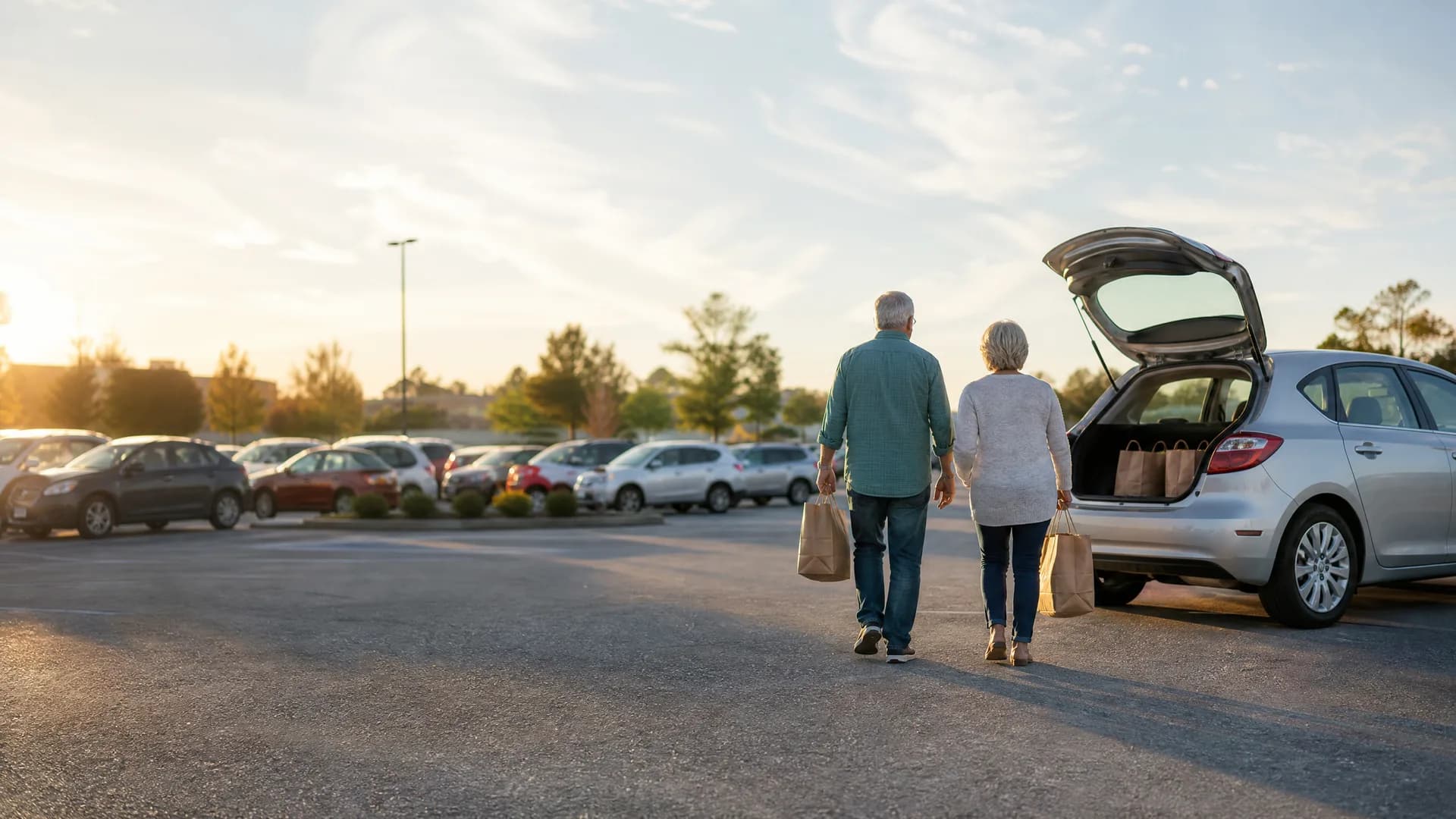 Two people carrying paper shopping bags walk across a parking lot toward a silver hatchback with its rear tailgate open and bags inside, with rows of parked cars and trees under a hazy sky behind them.