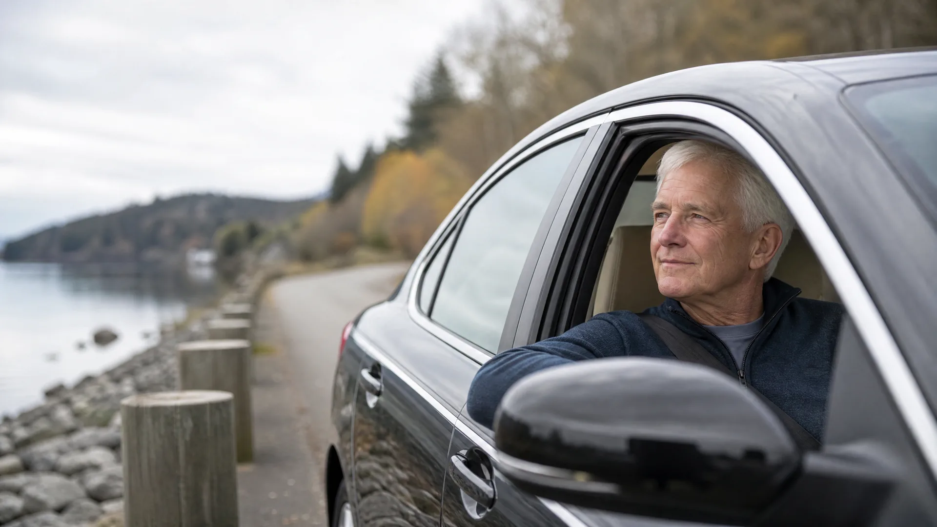 An older man with white hair rests his arm on the open window of a dark car parked beside a waterside road lined with wooden posts and rocks, under an overcast sky.