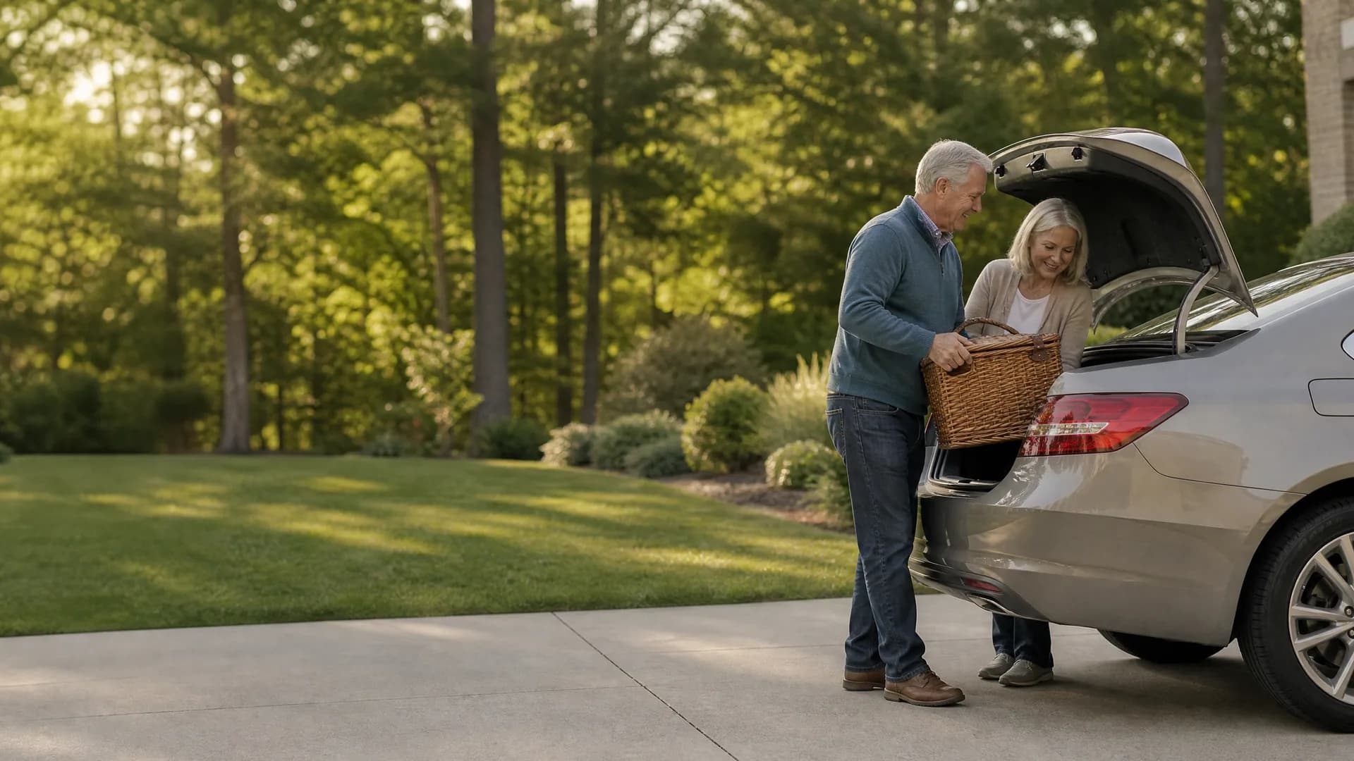 A man and a woman stand at the open trunk of a silver sedan in a concrete driveway, loading a wicker basket, with a lawn and leafy trees behind them.