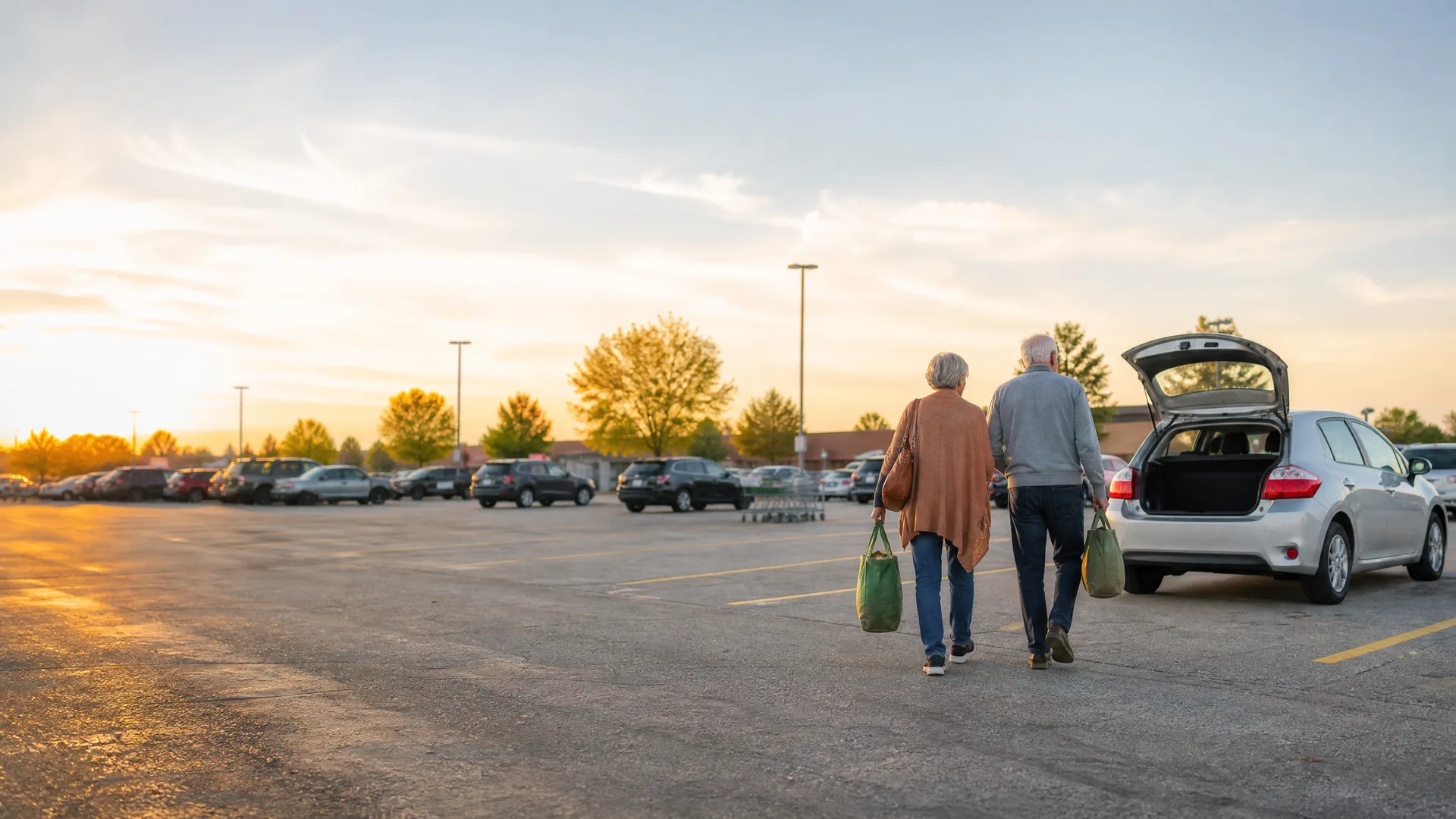 Two people carrying green shopping bags walk away from the camera across a parking lot toward a silver hatchback with its rear hatch open, with parked cars, trees and a low sun on the horizon.