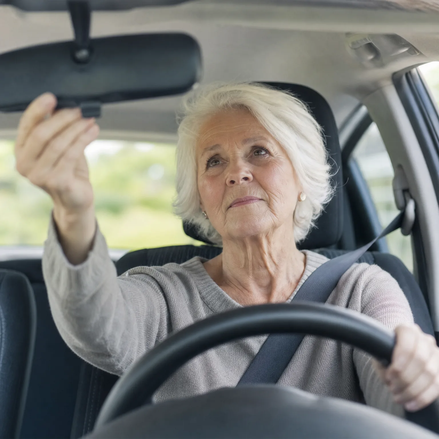 An older woman with white hair, wearing a seatbelt and a light sweater, sits in a car's driver seat with one hand on the steering wheel and the other adjusting the rearview mirror.