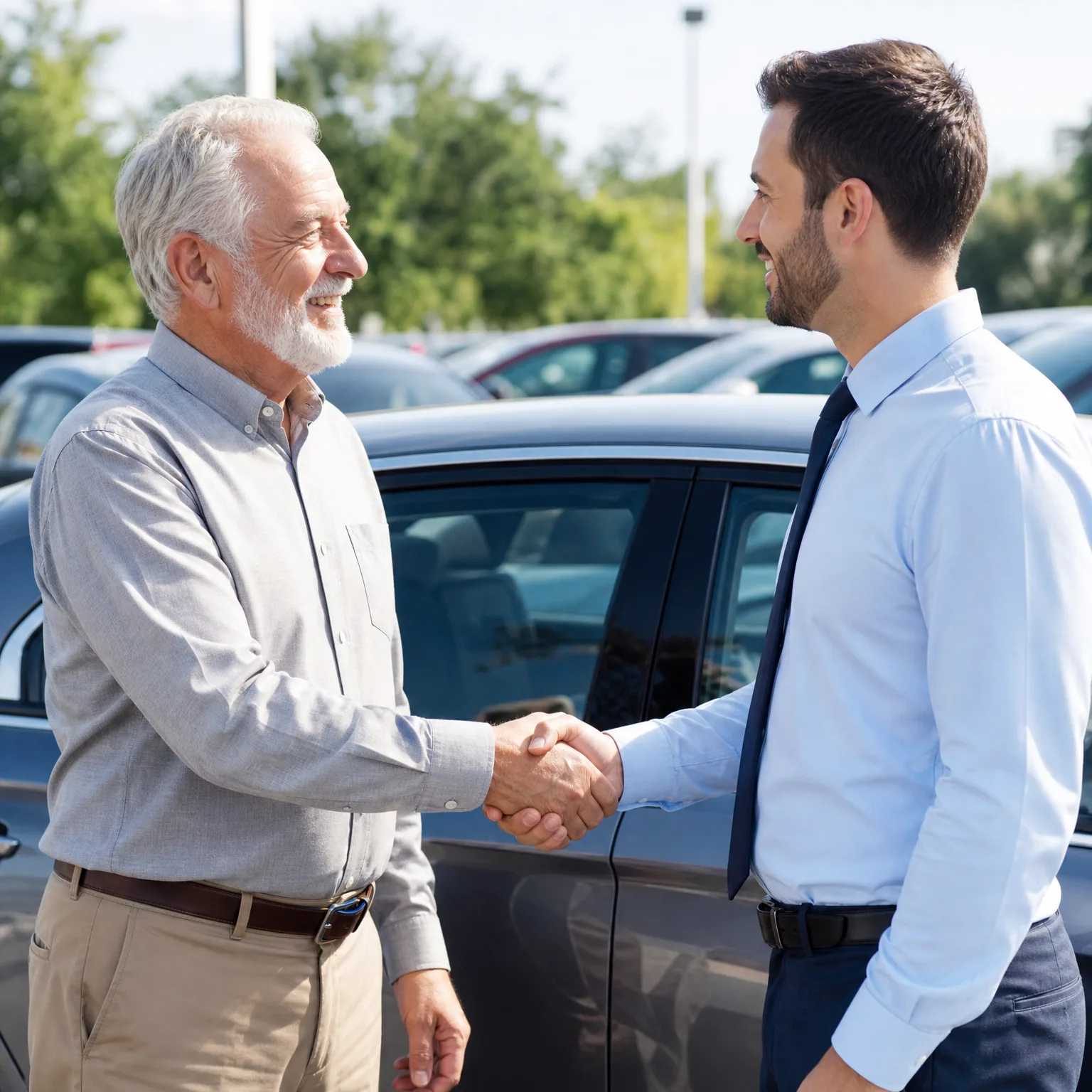 Two men shake hands beside a gray car in an outdoor lot with more parked cars and trees behind them; one is older with white hair and a gray shirt, the other wears a light blue shirt and dark tie.