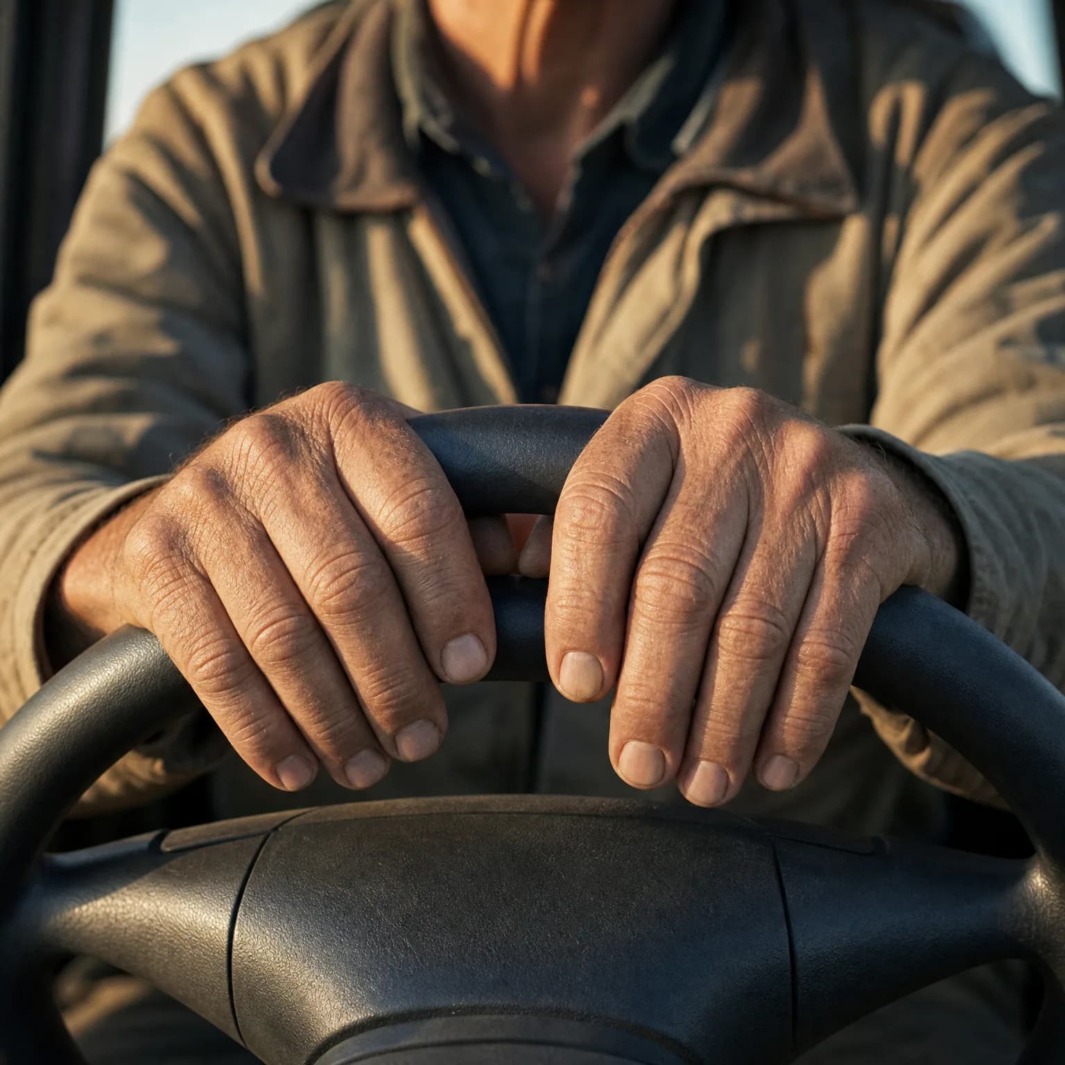 Close-up of a person's weathered hands resting on a dark steering wheel, with a worn tan jacket over a dark shirt visible above.