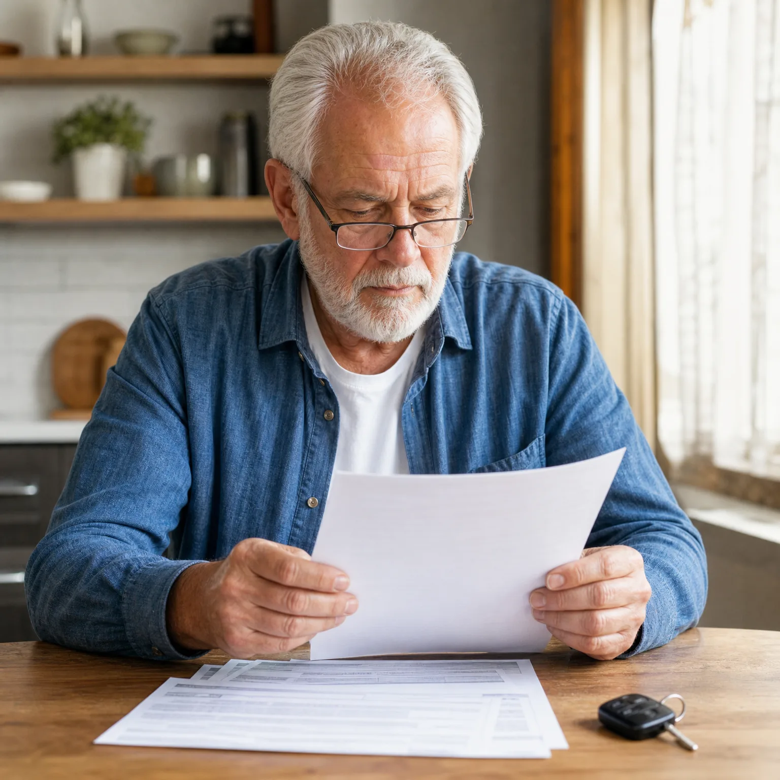 An older man with white hair and beard, wearing glasses and a blue denim shirt over a white tee, reads a sheet of paper at a wooden table with more documents and a car key fob in front of him.