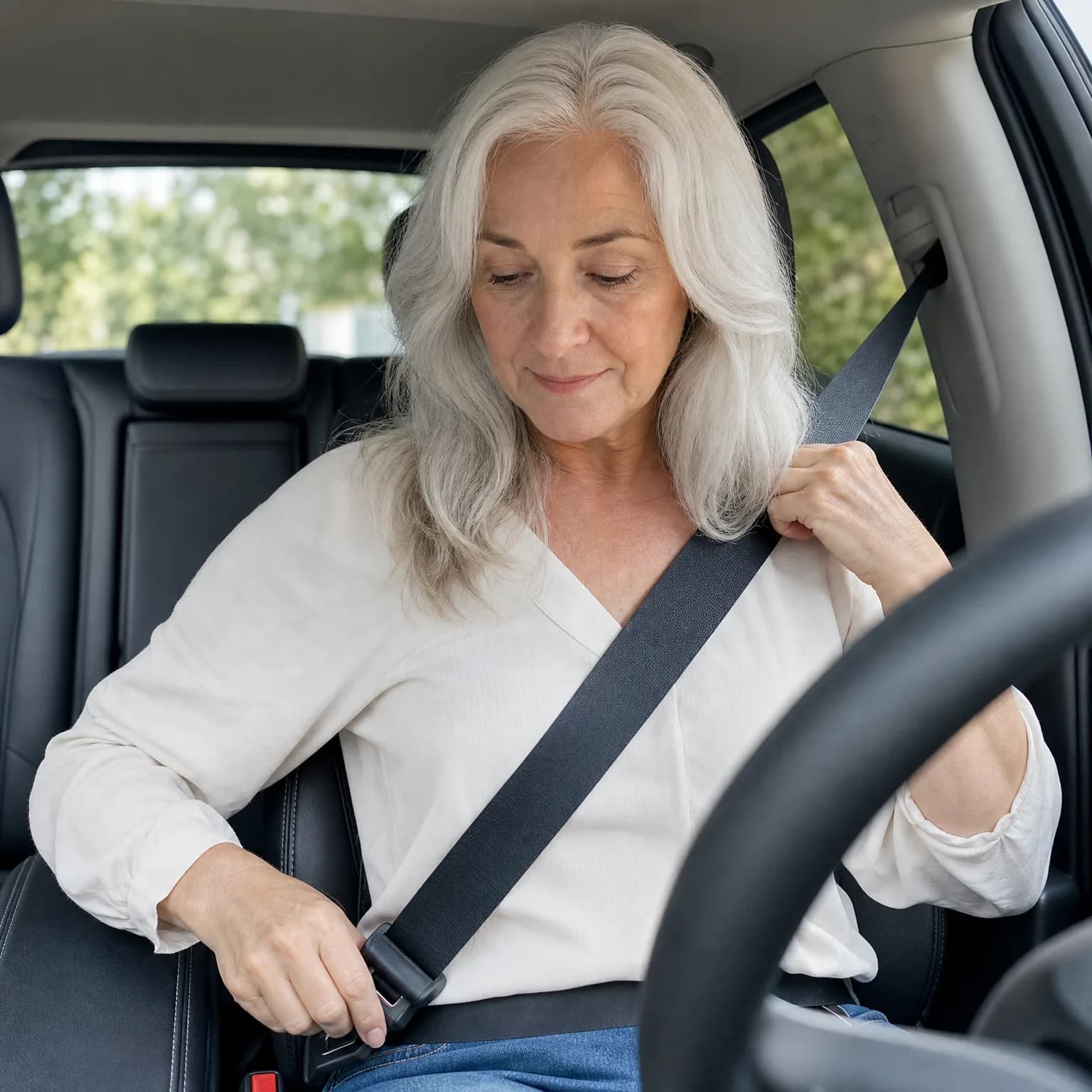 A woman with long white hair in a white blouse sits in a car's driver seat, holding the seat belt strap and guiding the buckle toward the latch, with green trees visible through the windows.