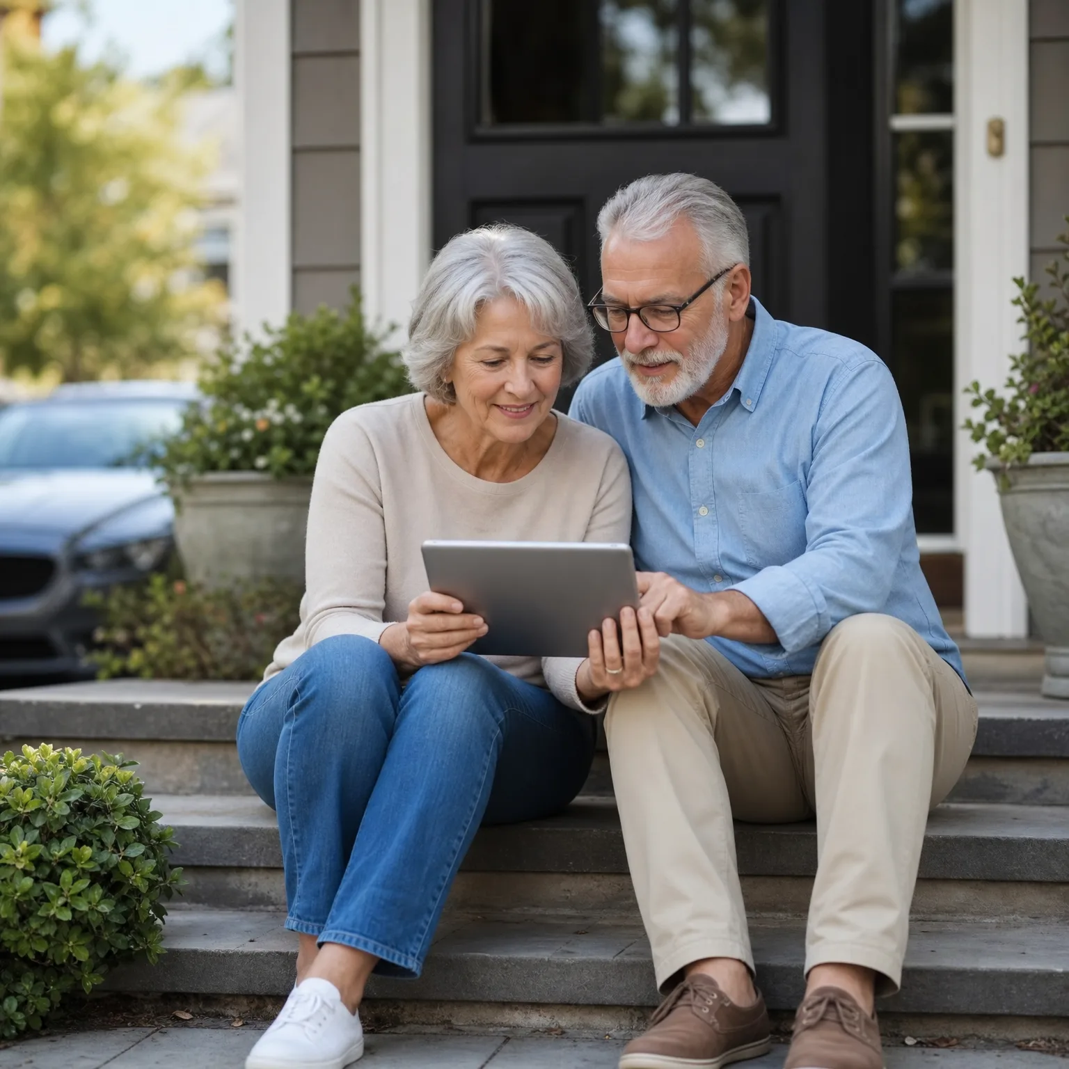 An older man and woman sit together on concrete front steps of a house with a dark door, looking at a tablet held between them.