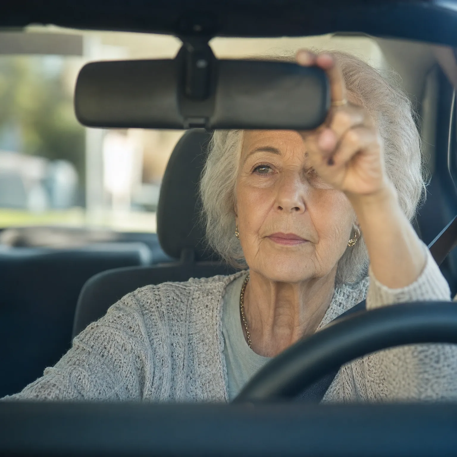 An older woman with short gray hair, wearing a light knit cardigan, sits in a car's driver seat and reaches up to adjust the rearview mirror, photographed through the windshield.
