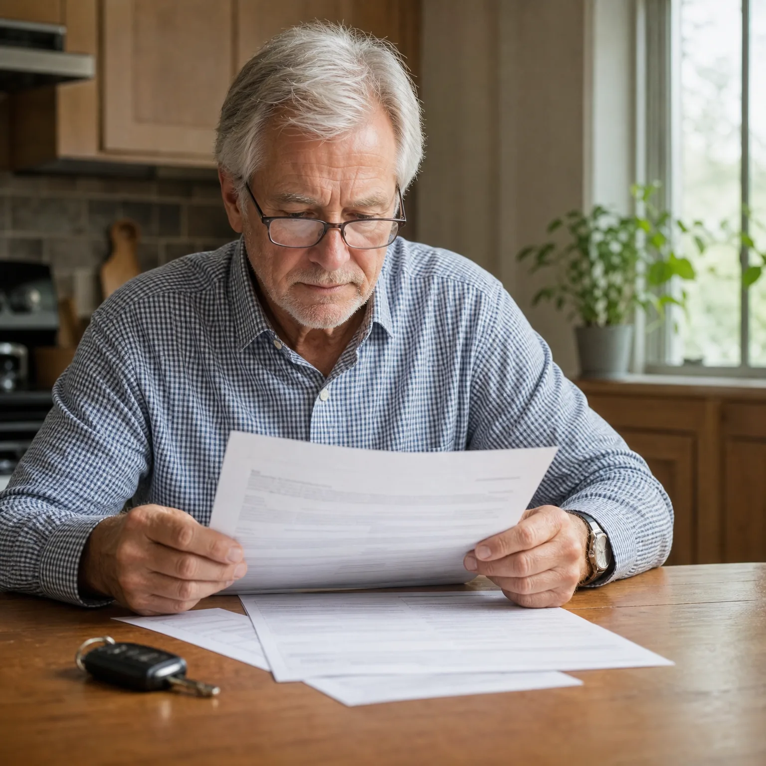 An older man with gray hair and glasses sits at a wooden table in a kitchen, reading a printed document, with more papers and a car key fob on the table.