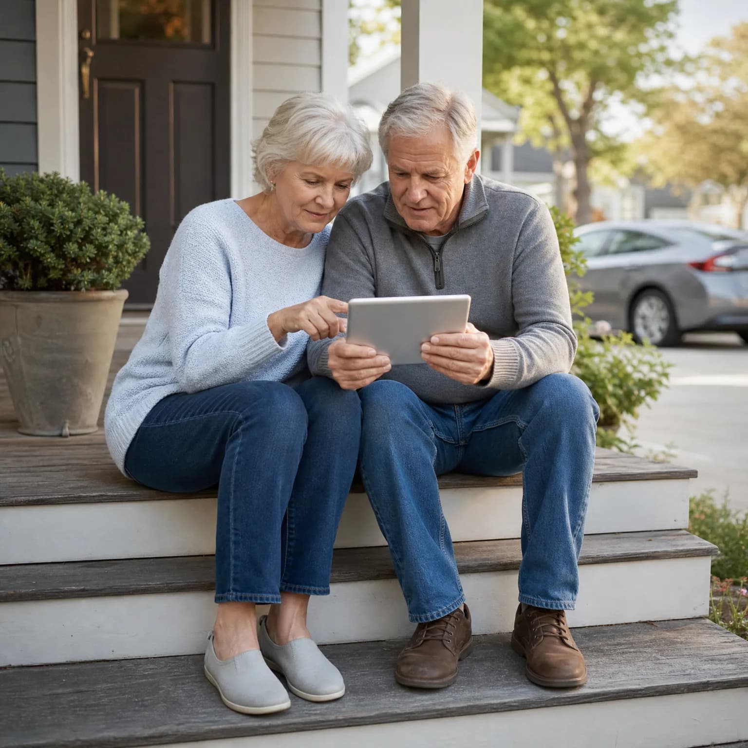 An older couple sit together on wooden porch steps of a white house, looking at a tablet, with a potted shrub, trees, and a parked car behind them.