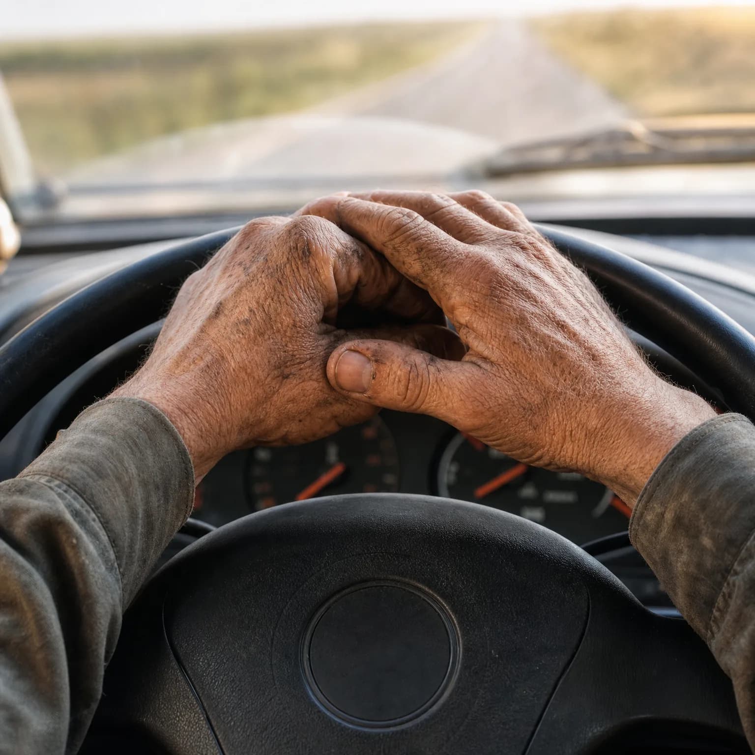 A pair of weathered, dirt-stained hands rest clasped on top of a black steering wheel, with the instrument dials and a blurred road visible through the windshield.