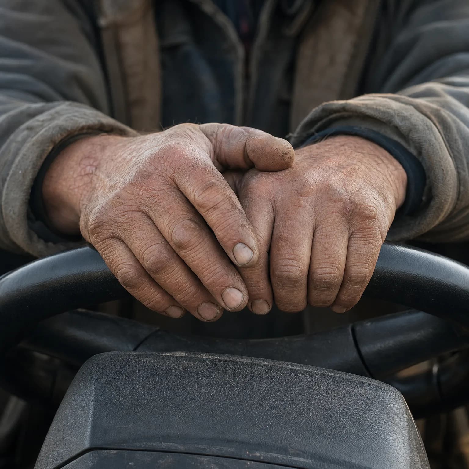 Close-up of a person's weathered, dirt-stained hands resting folded on a black steering wheel, with worn jacket sleeves visible above.