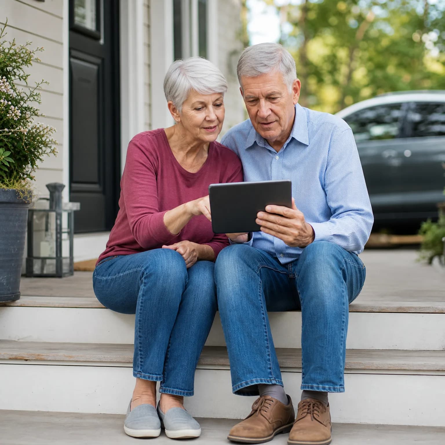 An older woman in a maroon top and an older man in a light blue shirt sit together on house steps, looking at a tablet he holds, with a potted plant and a dark vehicle nearby.
