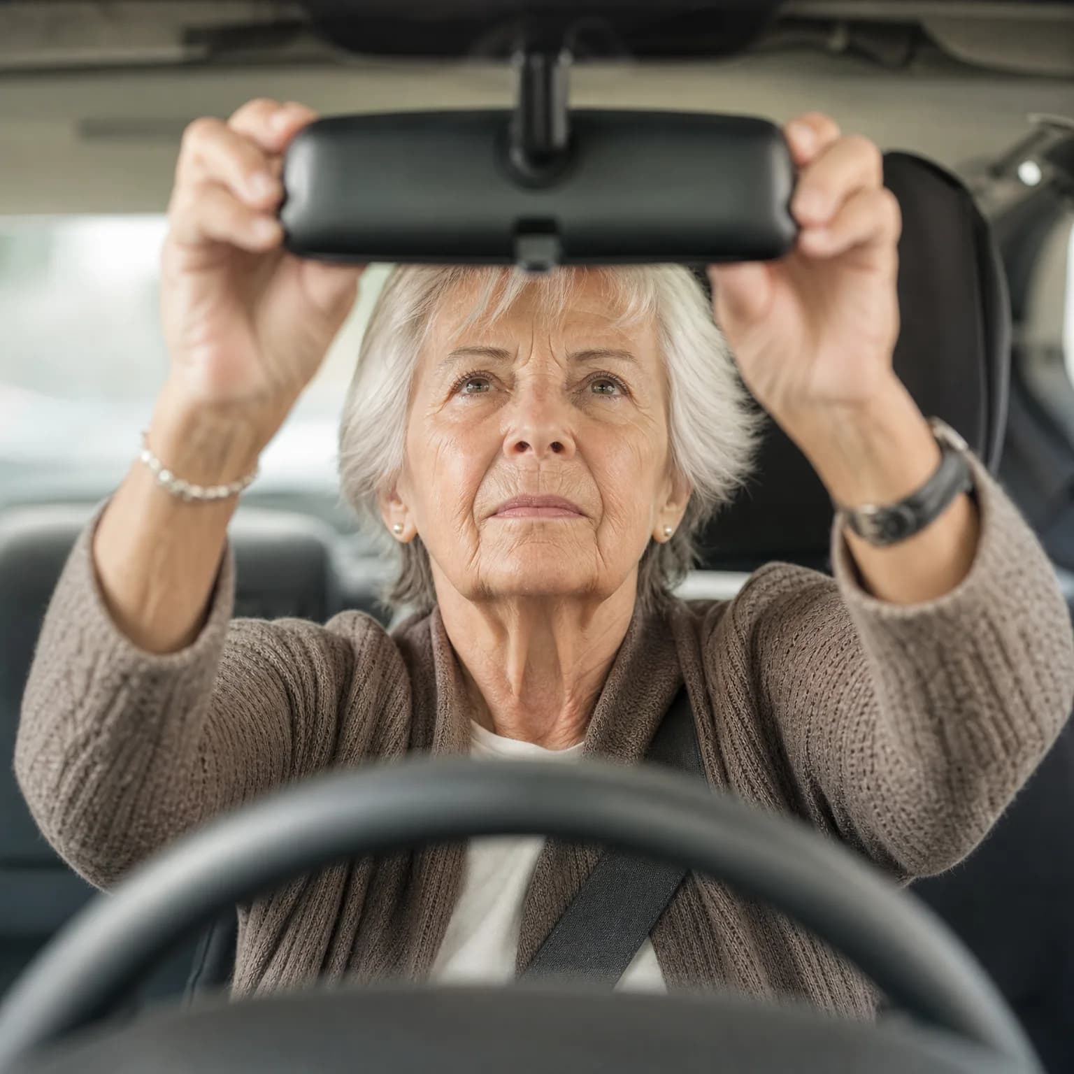 An older woman with short gray hair, wearing a brown knit cardigan and seat belt, reaches up with both hands to adjust the rearview mirror from the driver's seat of a car, with the steering wheel in the foreground.
