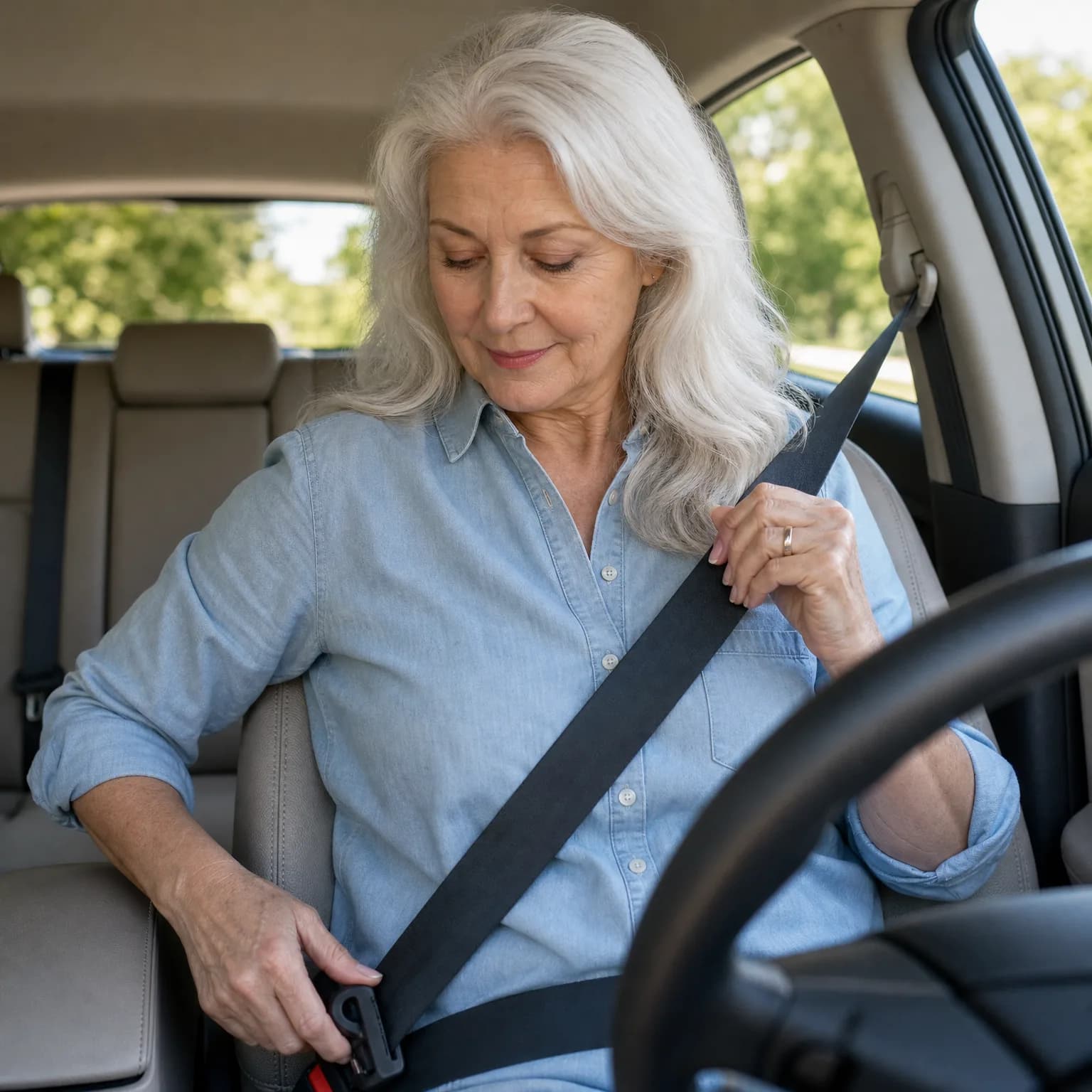 An older woman with long white hair in a light blue denim shirt sits in a car's driver seat fastening her seat belt, with green trees visible through the window.