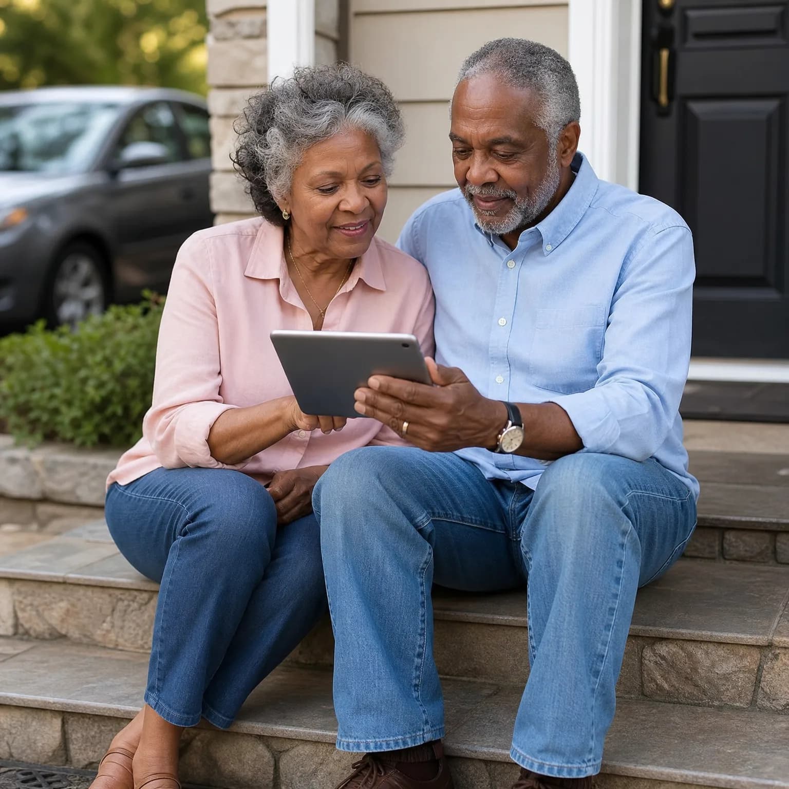 An older man and woman sit together on stone front steps of a house, looking at a tablet, with a parked car and shrubs behind them.