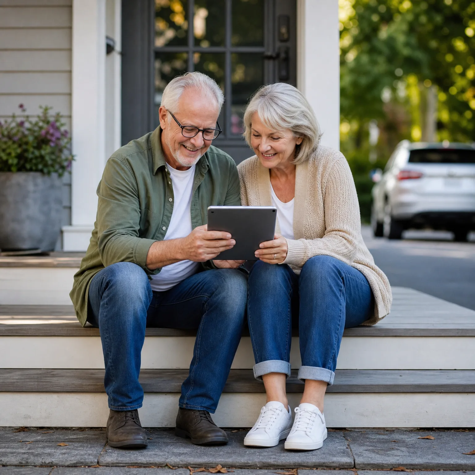 An older man and woman sit together on the front steps of a house, both smiling as they look at a tablet held between them, with a parked white SUV and trees in the background.