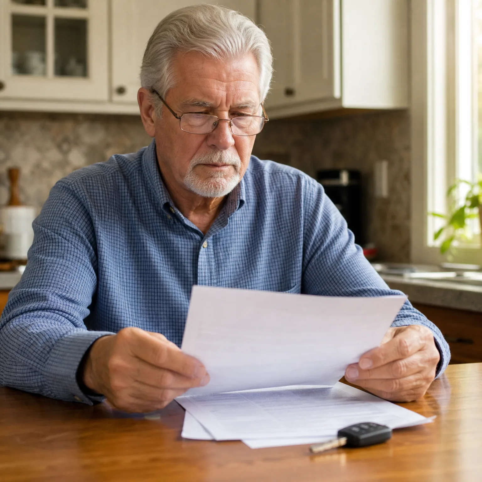 An older man with glasses and a blue checked shirt sits at a wooden kitchen table reading a sheet of paper, with more documents and a car key fob on the table.