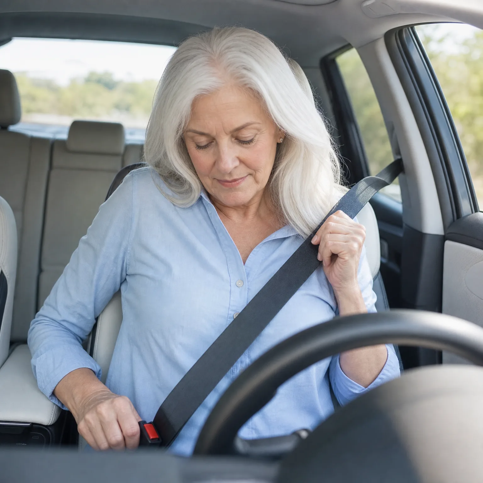 A white-haired woman in a light blue shirt sits in a car's driver seat, holding the seat belt strap with one hand and the buckle with the other.