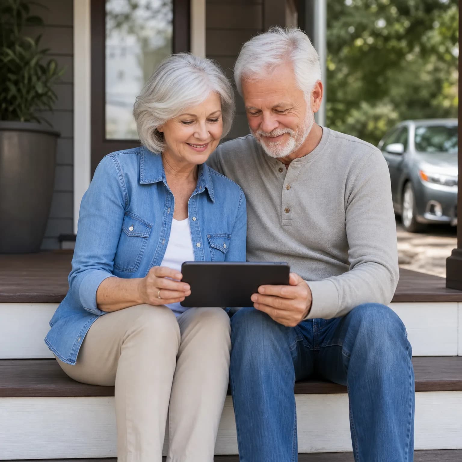 An older man and woman sit together on the front steps of a house, both looking at a tablet held between them, with a potted plant and a parked car in the background.
