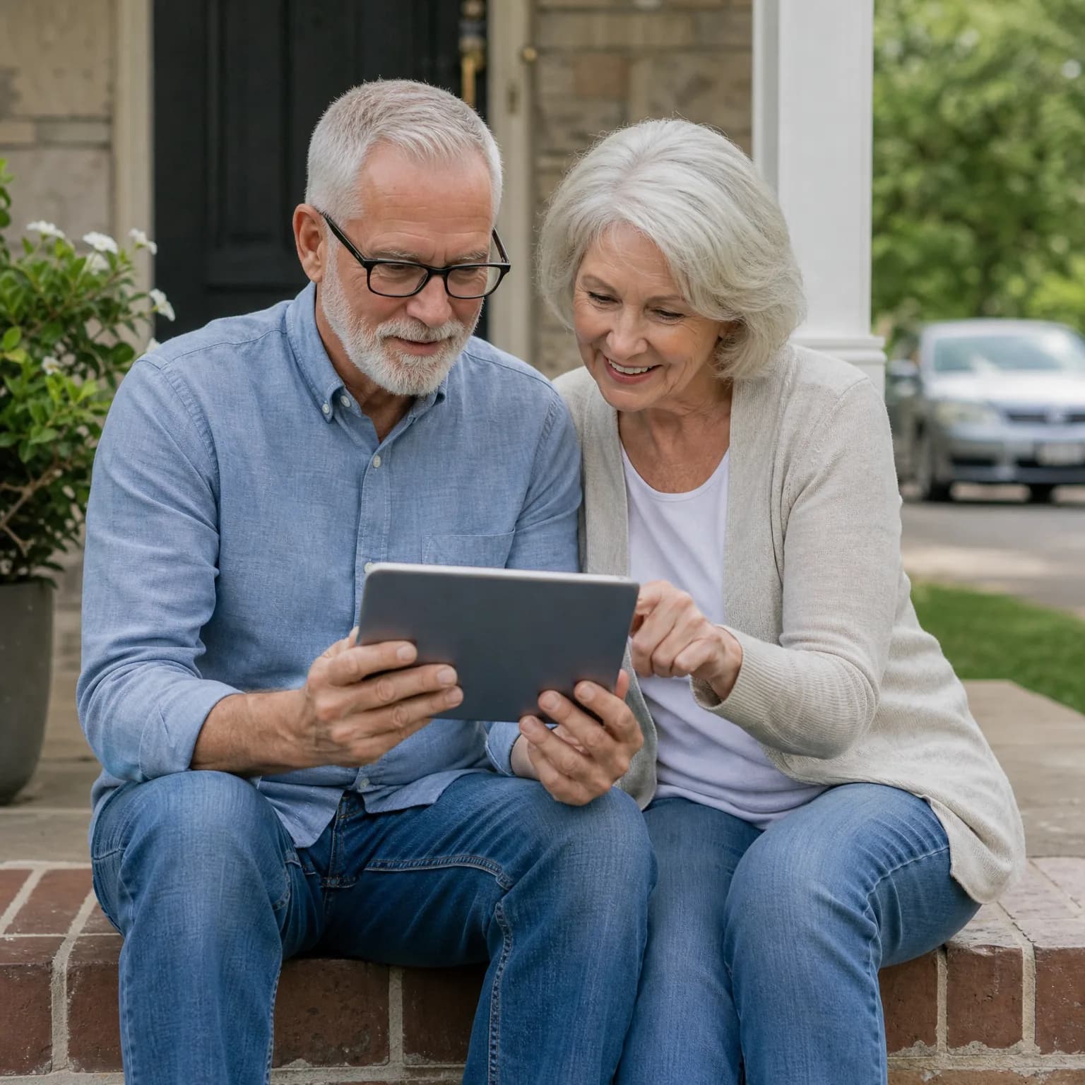 An older man and woman sit together on a brick porch step looking at a tablet, with a potted plant, white column, and a parked car in the background.