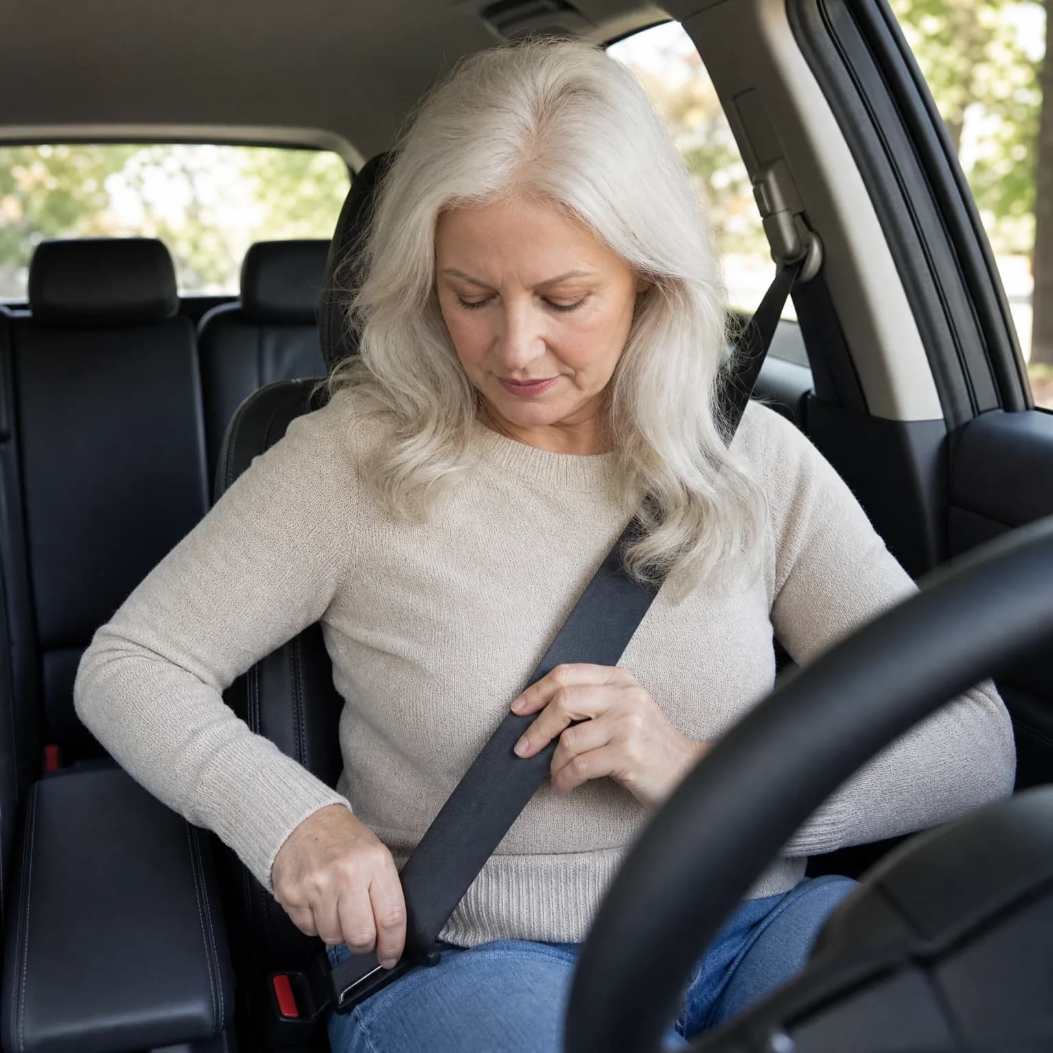 A woman with long white hair in a cream sweater sits in a car's driver seat, fastening her seat belt, with green trees visible through the windows.