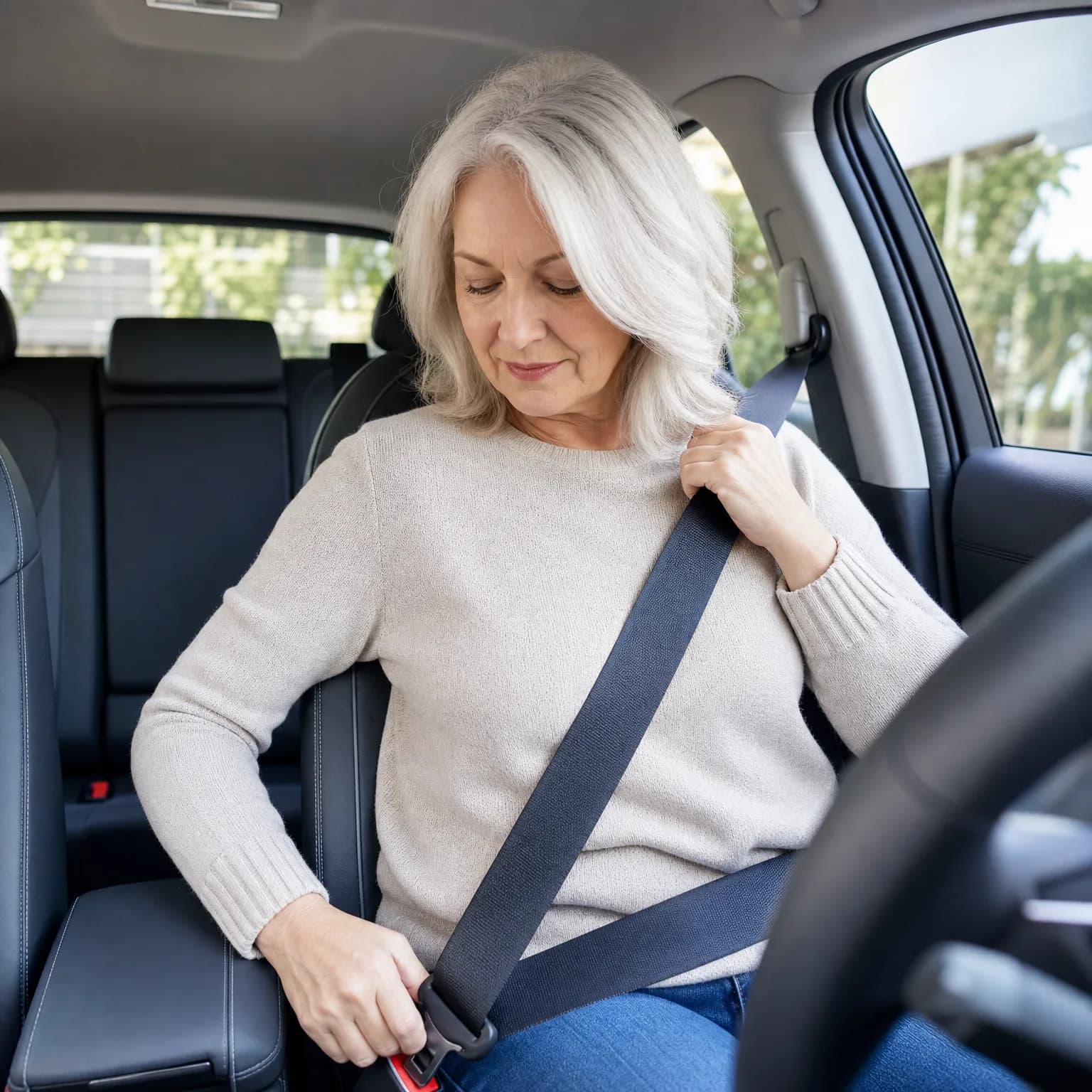 A woman with white hair in a light knit sweater sits in a car's driver seat, pulling the seat belt across her body toward the buckle.