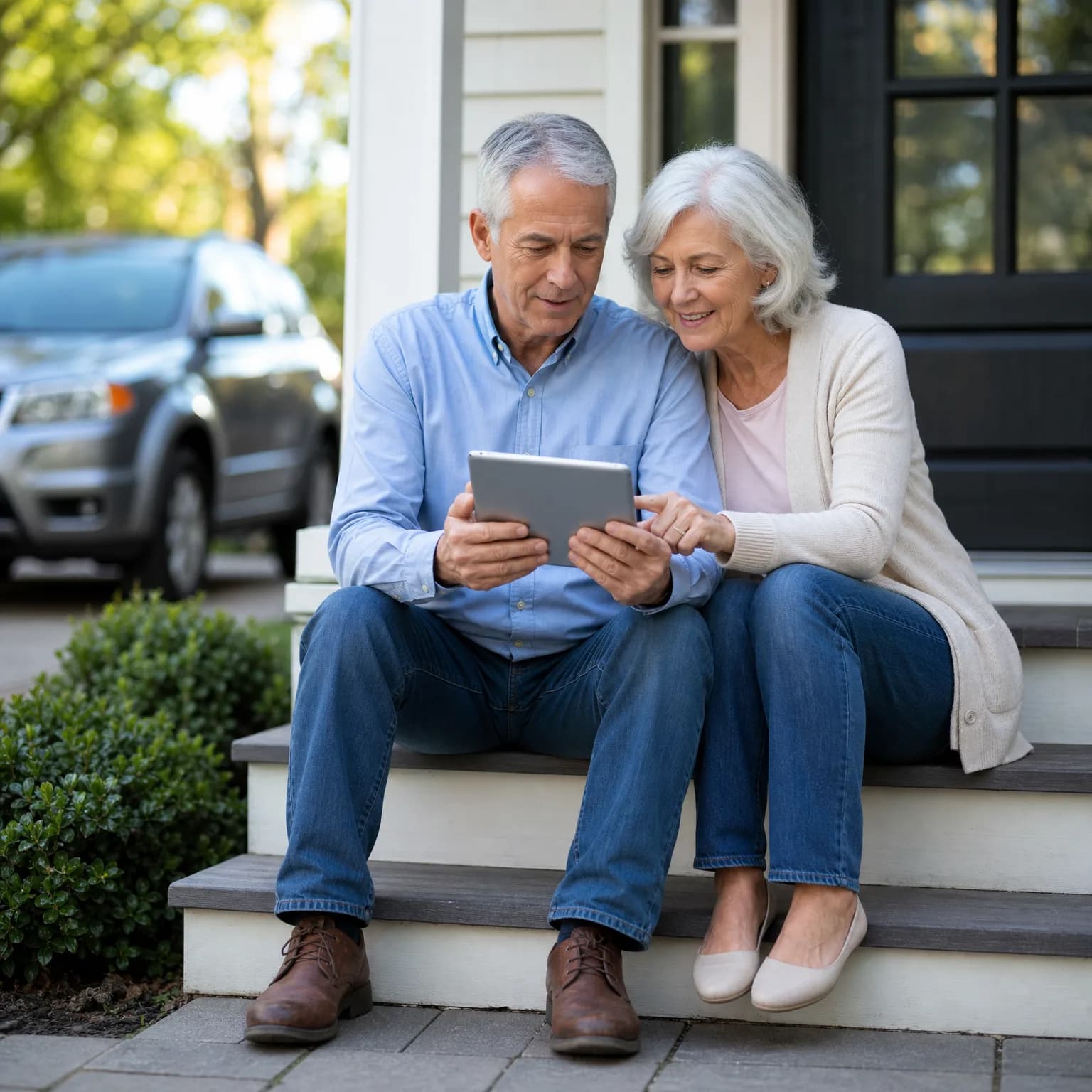 An older man and woman sit together on the front steps of a house, looking at a tablet, with a parked SUV and trees in the background.