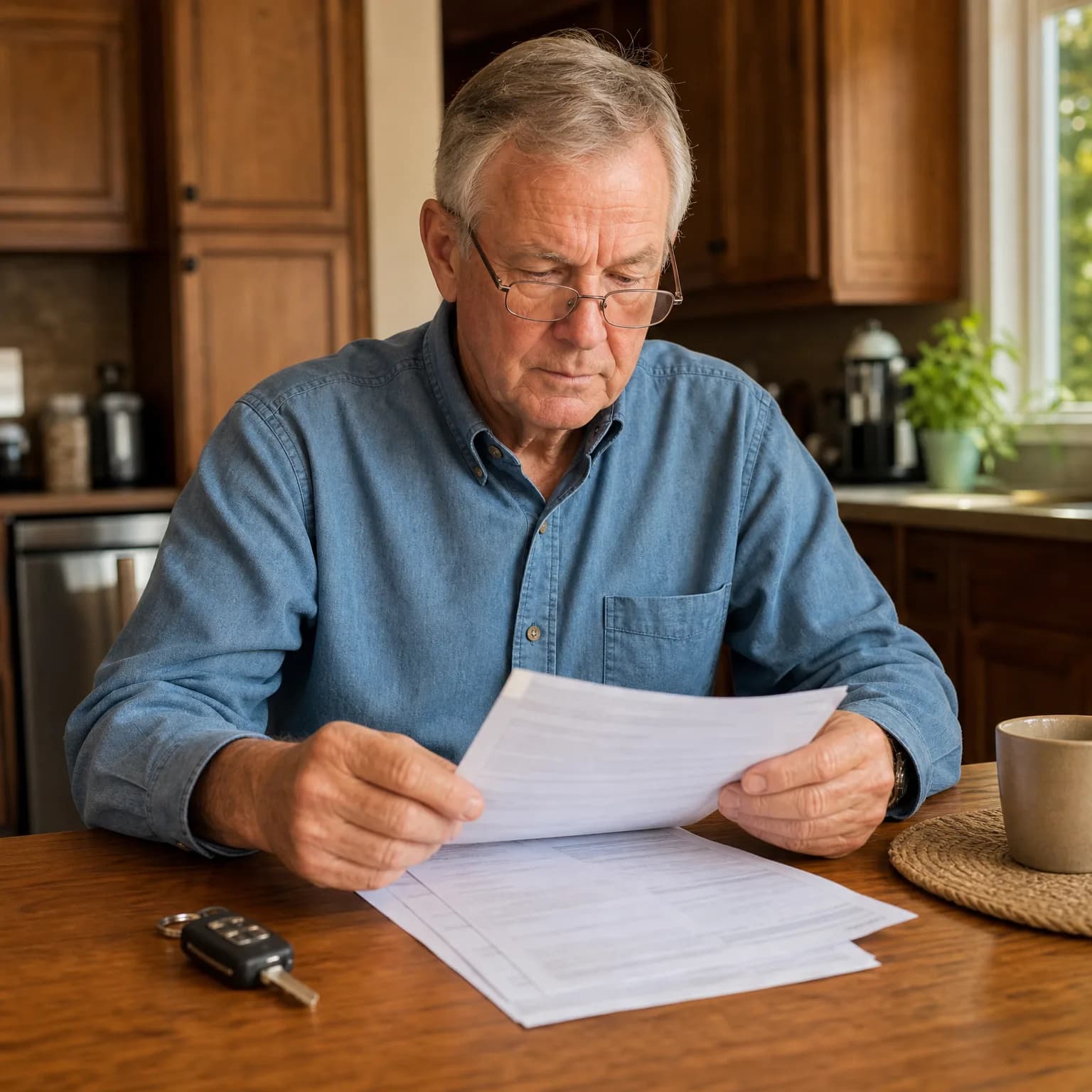 An older man in a blue denim shirt and glasses sits at a wooden table in a kitchen, reading printed documents, with a car key fob and a ceramic mug nearby.