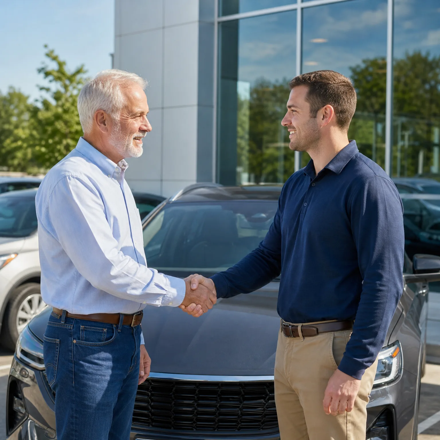 Two men shake hands in front of a dark SUV parked outside a glass-fronted building, with other vehicles and trees in the background.