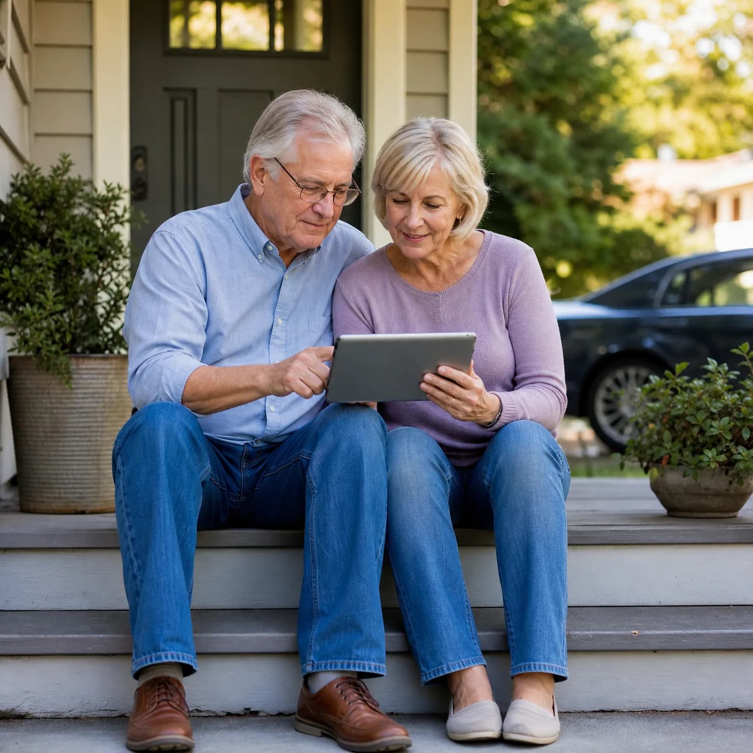 An older man and woman sit together on light-painted porch steps looking at a tablet, with potted plants, a front door, trees, and a dark car behind them.