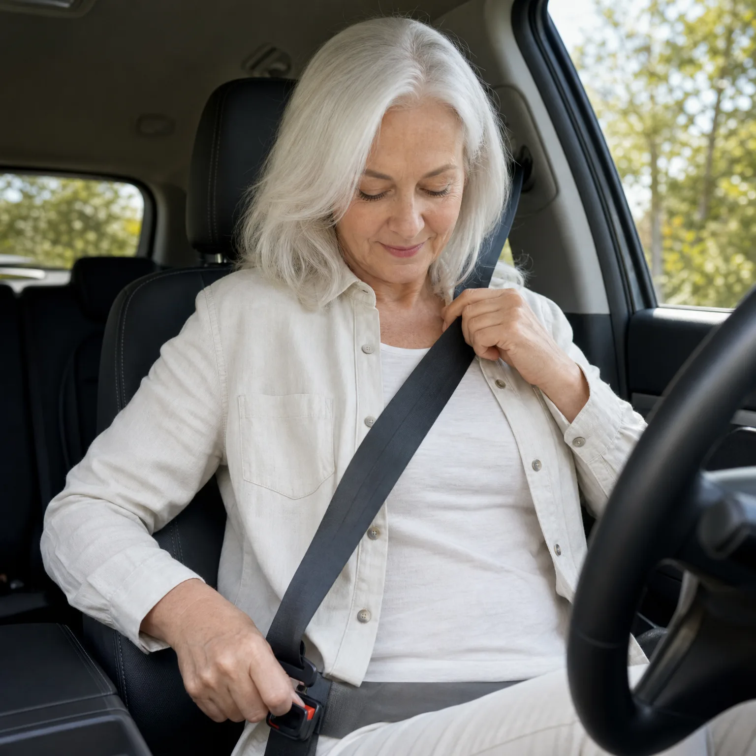 A woman with white hair in a light linen shirt sits in a car's driver seat, fastening her seat belt, with green trees visible through the window.