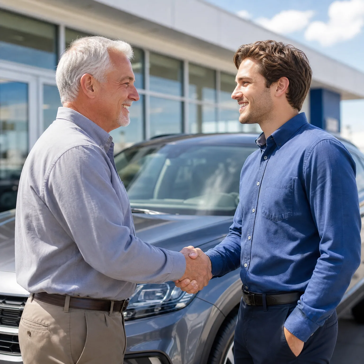 Two men shake hands outdoors in front of a gray SUV parked beside a glass-fronted building.