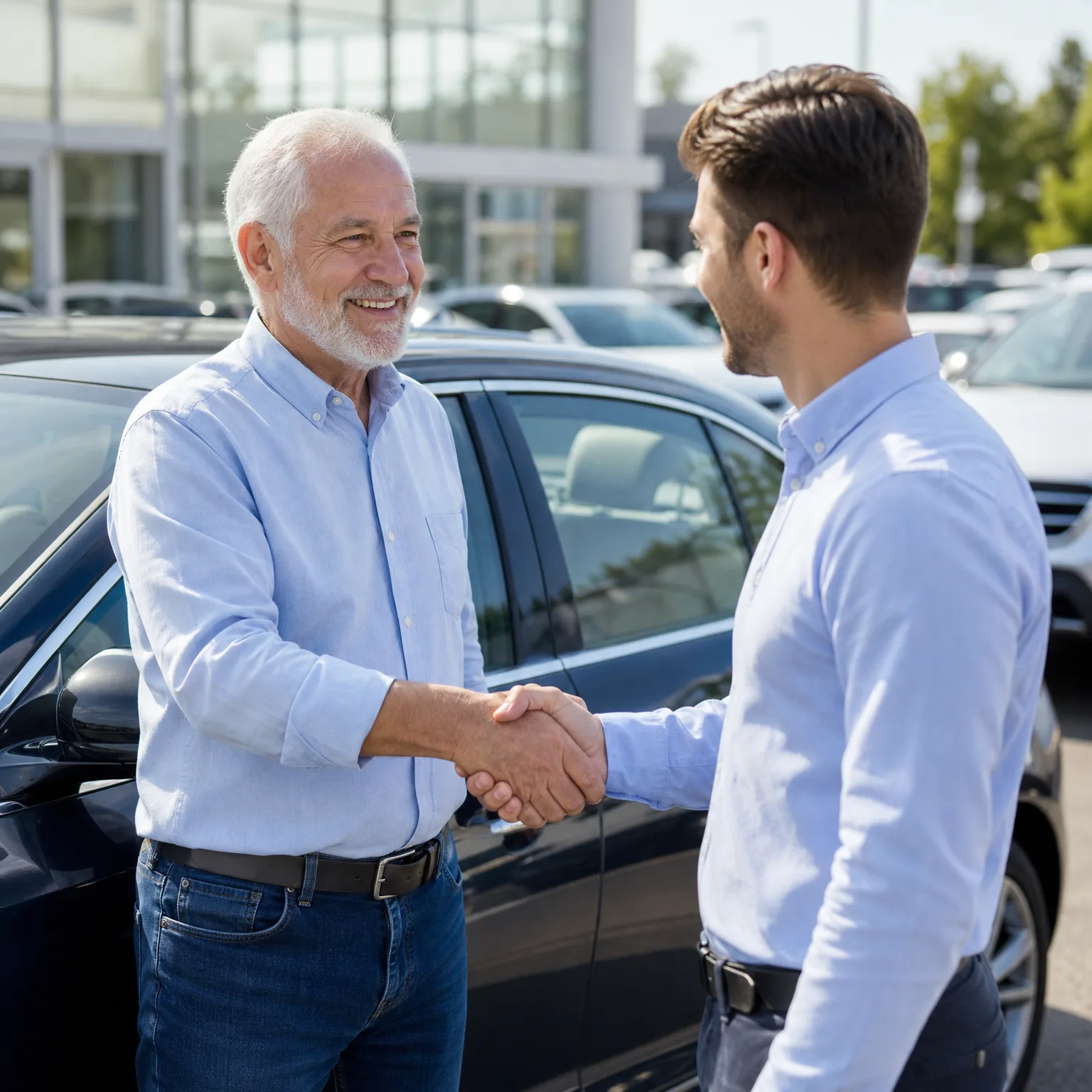 Two men in light blue button-down shirts shake hands outdoors beside a dark car, with a glass-fronted building and rows of parked vehicles in the background.