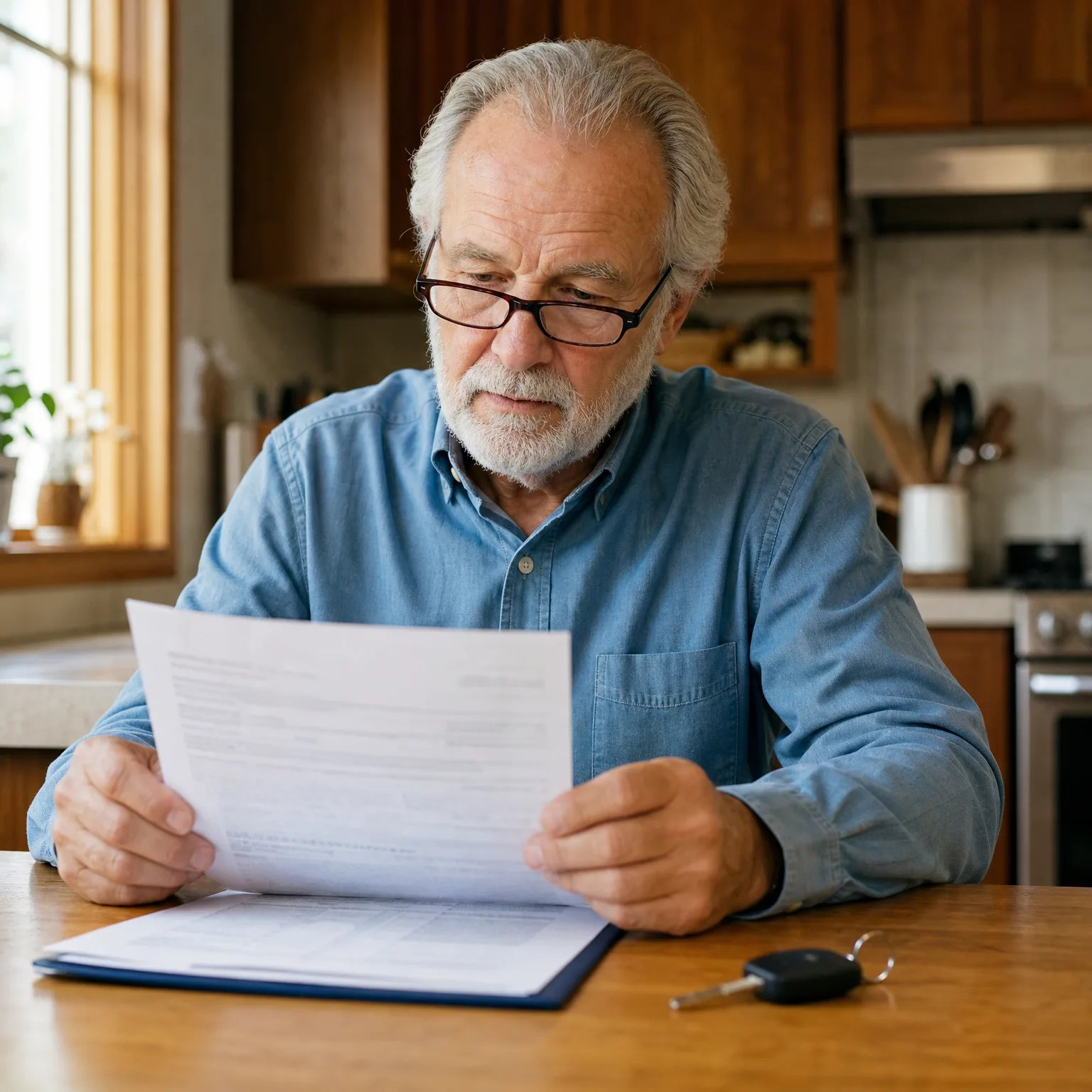An older man with white beard and glasses, wearing a blue denim shirt, sits at a wooden kitchen counter reading a printed document, with a folder and car keys on the surface.