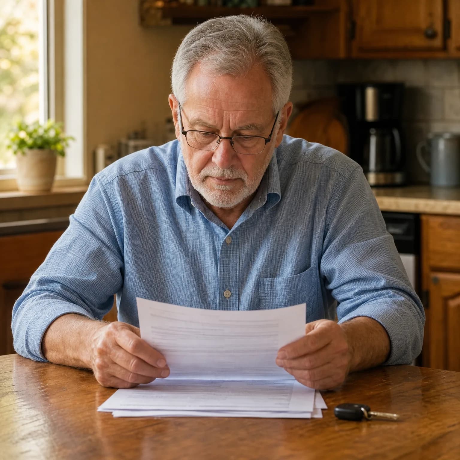 An older man in a light blue shirt and glasses sits at a wooden kitchen table reading a printed document, with more papers and a car key fob on the table and kitchen cabinets and a coffee maker behind him.