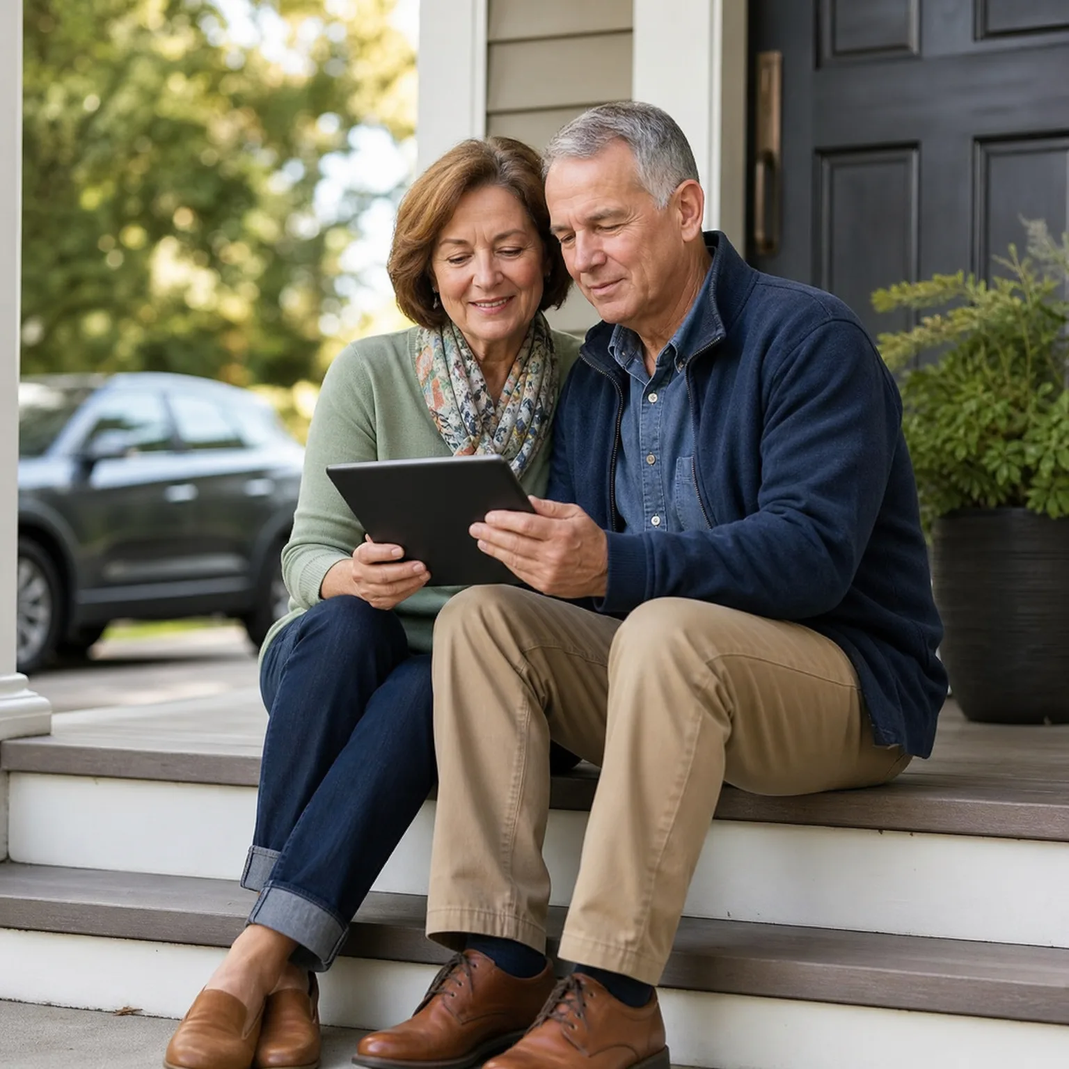 A man and a woman sit together on the front steps of a house, looking at a tablet, with a dark front door, a potted shrub, and a parked SUV in the background.