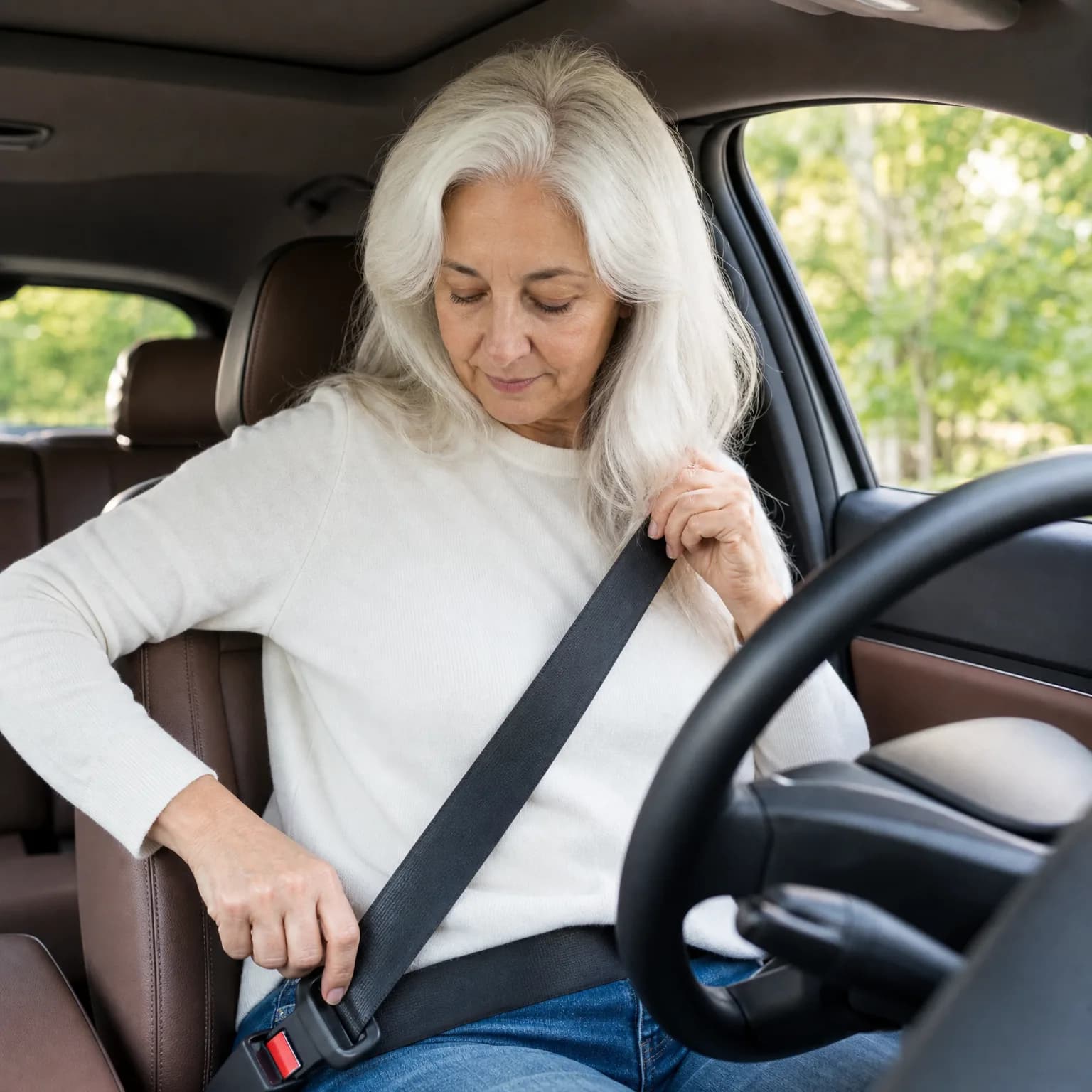 A woman with long white hair in a cream sweater sits in a car's driver seat, fastening her seat belt, with green trees visible through the window.