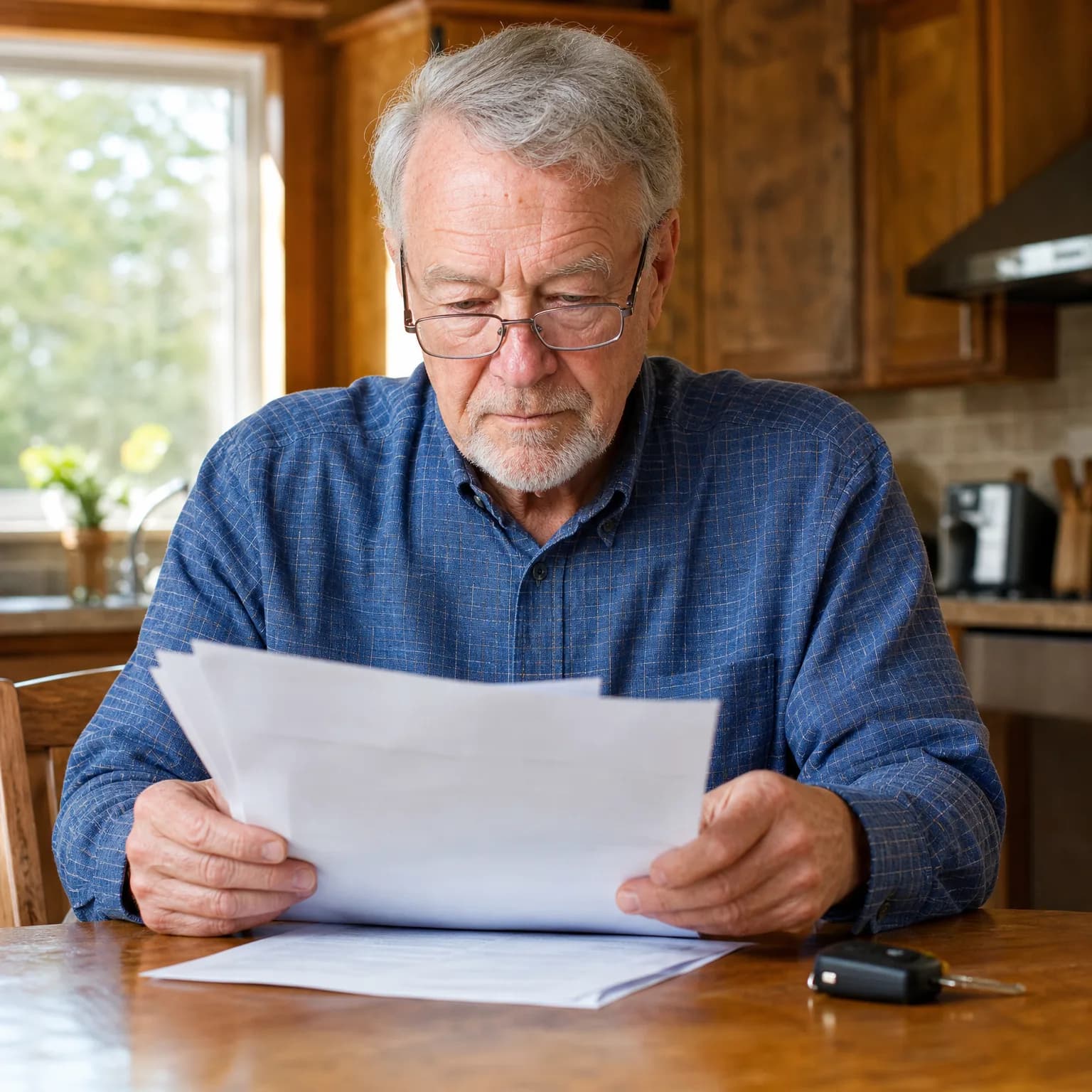 An older man with gray hair and glasses sits at a wooden table in a kitchen, holding and reading printed pages, with more papers and a car key fob on the table.