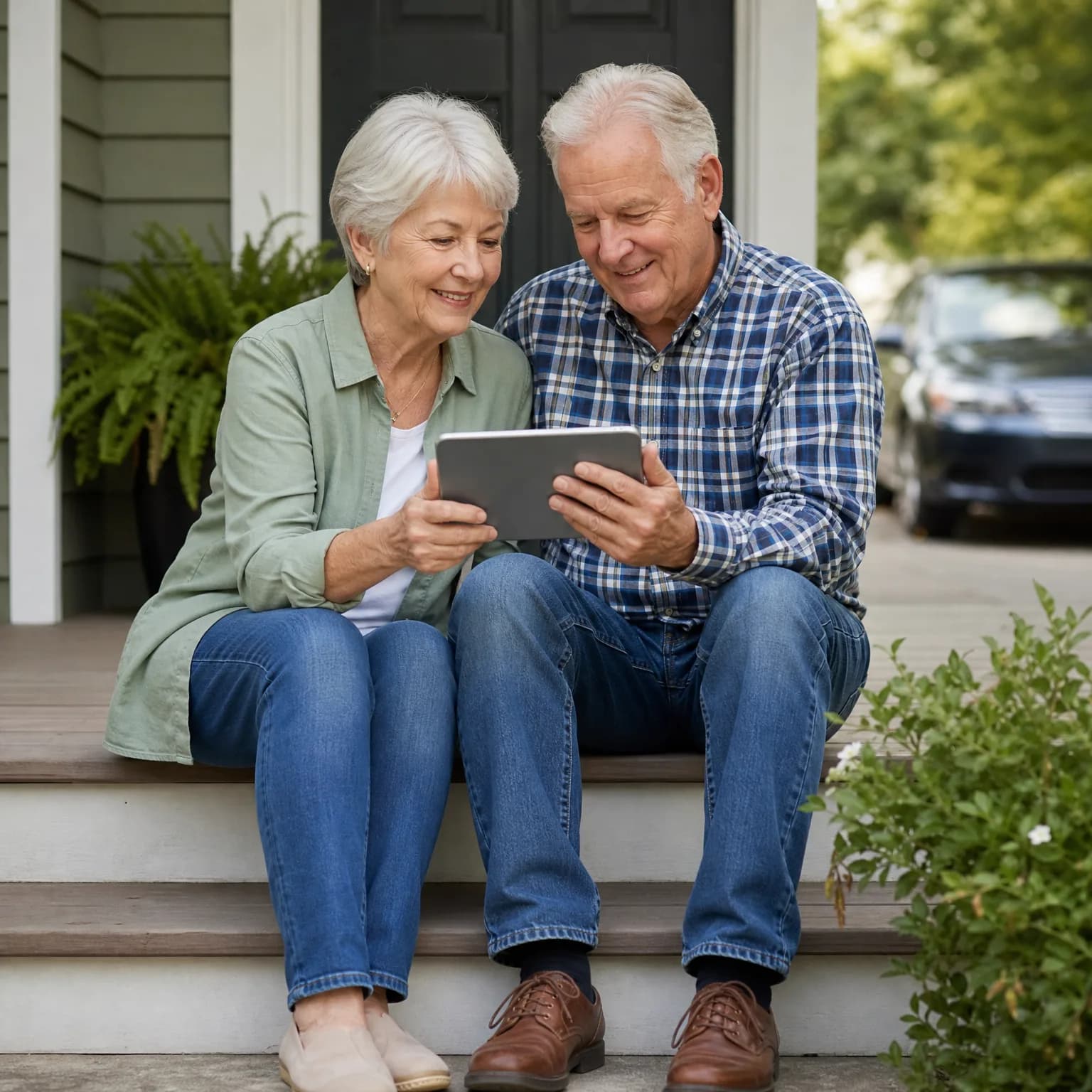 An older woman in a green shirt and an older man in a plaid shirt sit together on wooden porch steps, looking at a tablet held between them, with potted ferns, shrubs, and a dark car nearby.