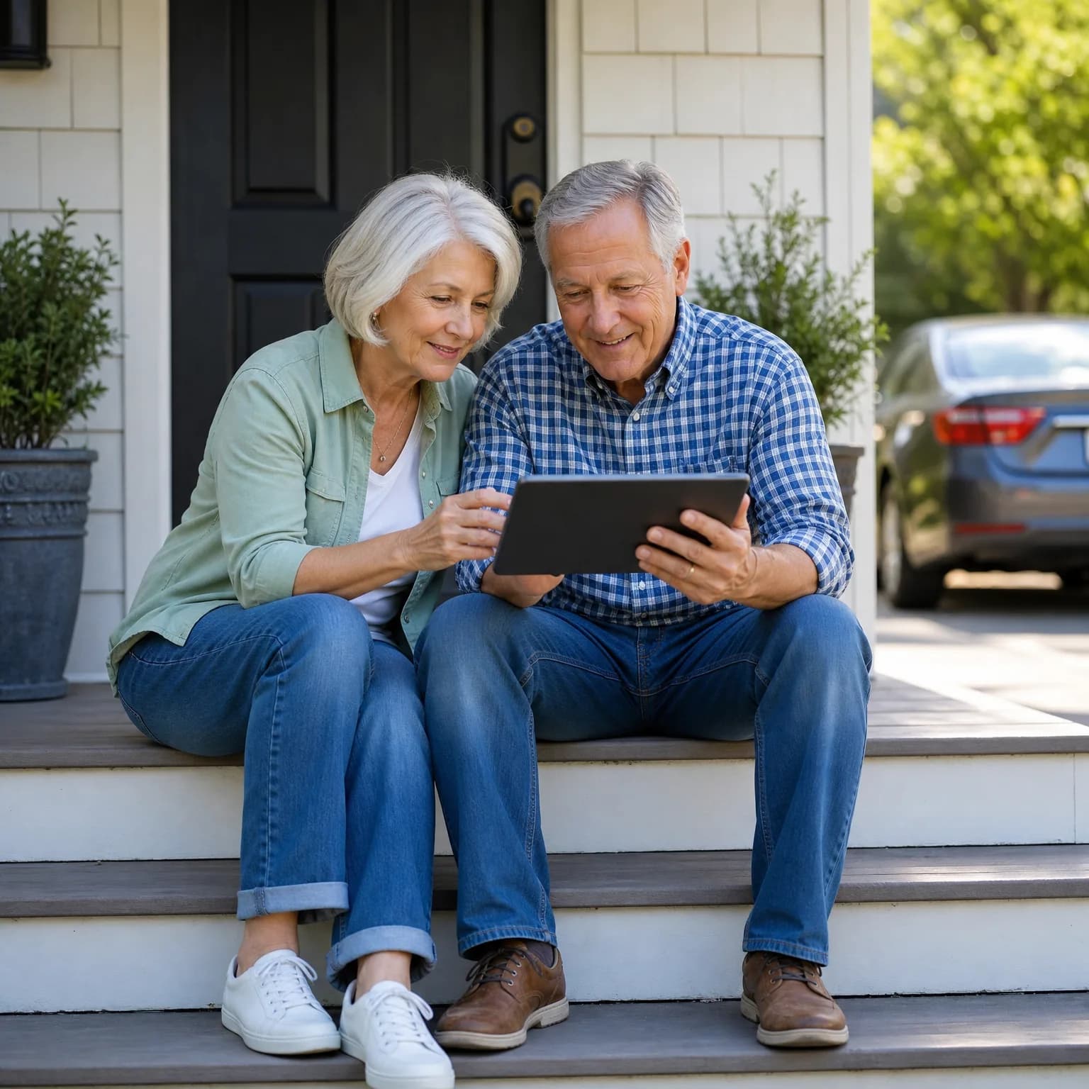 An older woman in a green shirt and an older man in a blue checked shirt sit together on front porch steps looking at a tablet, with a dark front door, potted shrubs, and a parked car behind them.