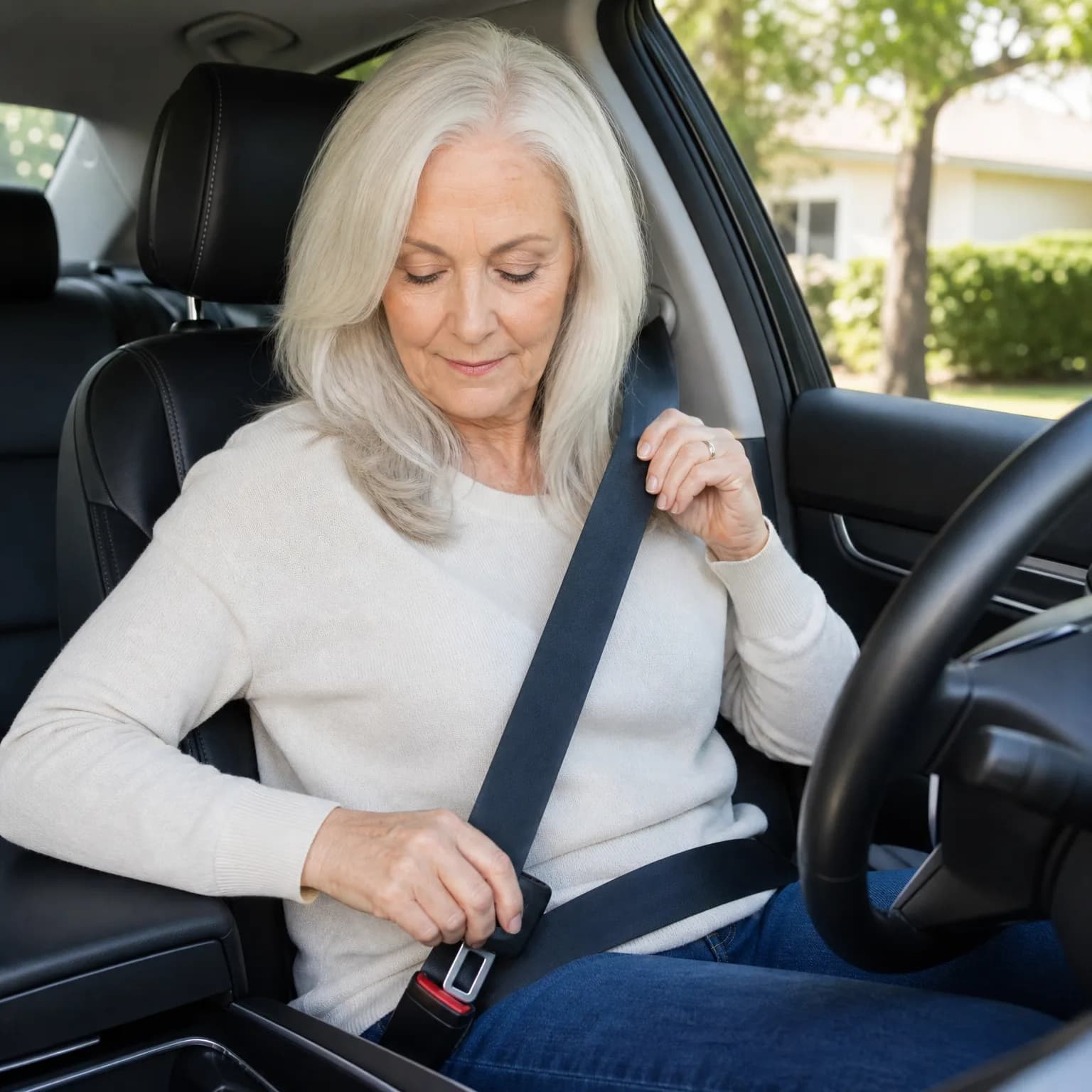 An older woman with white hair in a cream sweater and jeans sits in a car's driver seat, pulling the seat belt across her body toward the buckle, with greenery and a building visible through the window.