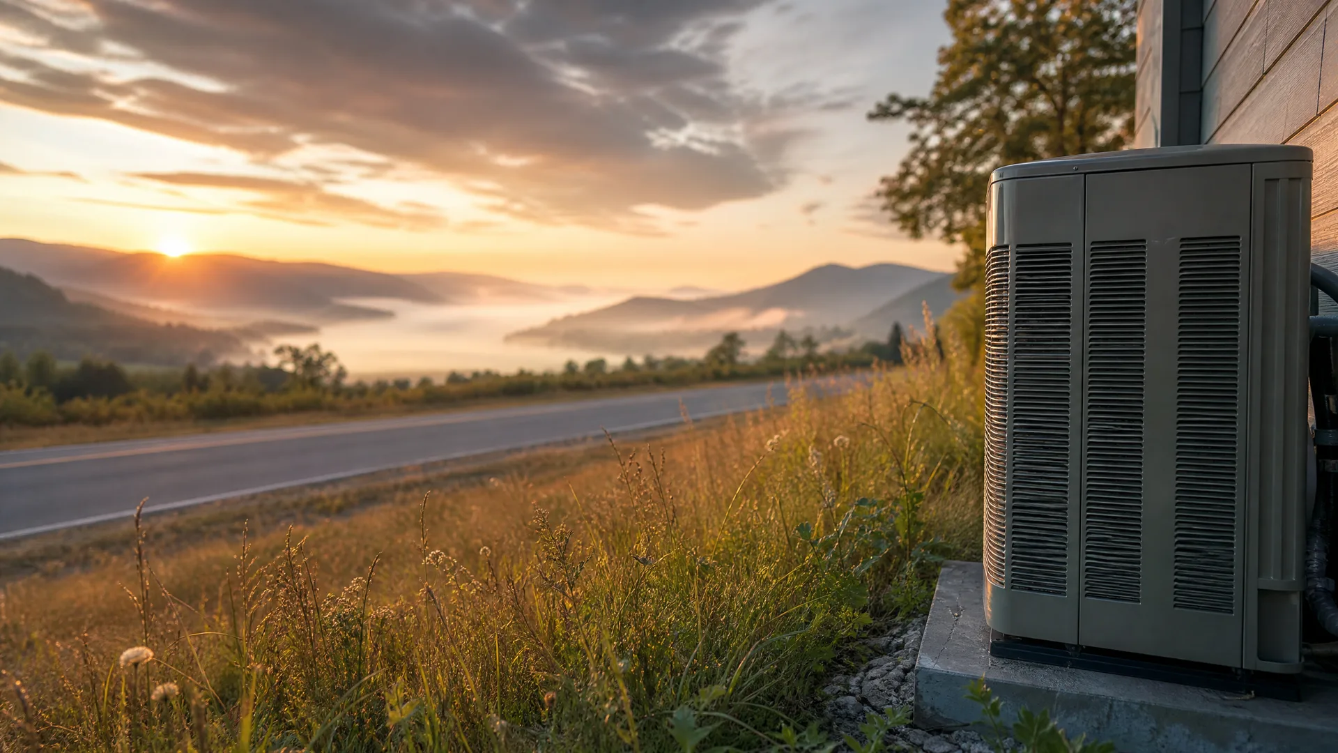 An outdoor air conditioning condenser unit on a concrete pad beside a wood-clad house, with tall grass, a two-lane road, and misty hills at sunrise in the background.
