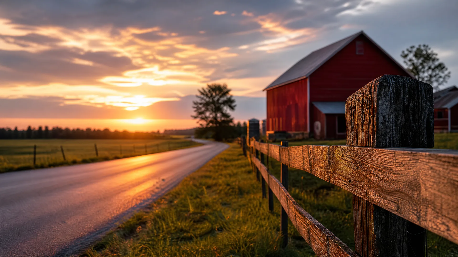 A weathered wooden post-and-rail fence in sharp foreground focus beside a paved road, with a red barn and a tree under a sunset sky in the background.