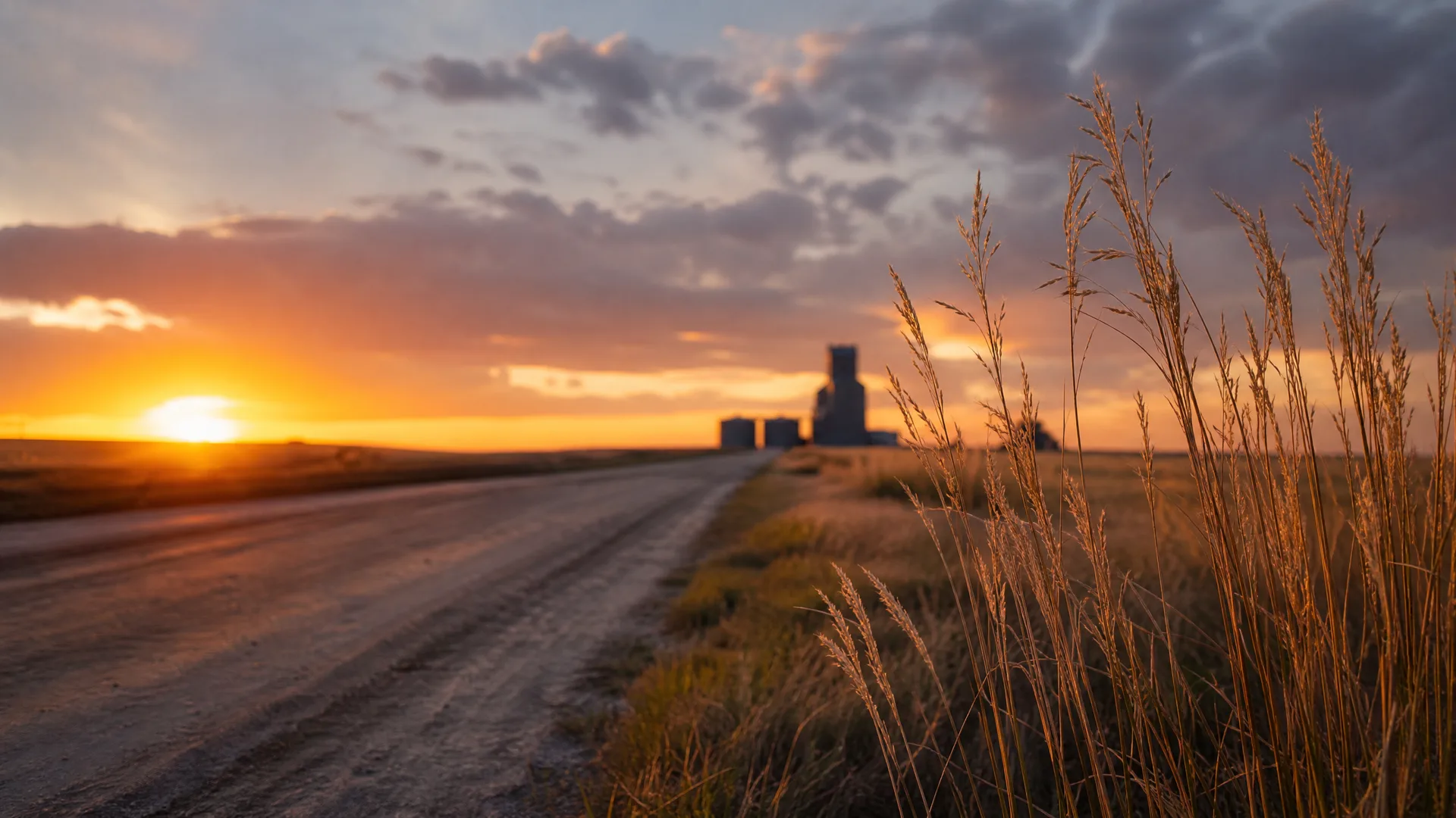 A gravel road runs through flat grassland toward distant silhouetted grain elevators at sunset, with tall dry grasses in sharp focus at right and orange-lit clouds overhead.