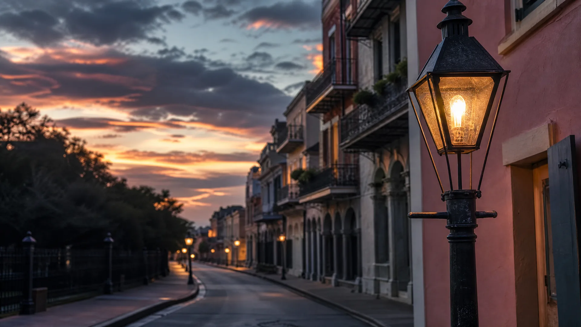 An illuminated glass street lamp on a dark post in the foreground beside a pink stucco building, with an empty curving street, balconied buildings, trees and an iron fence under a cloudy sunset sky.