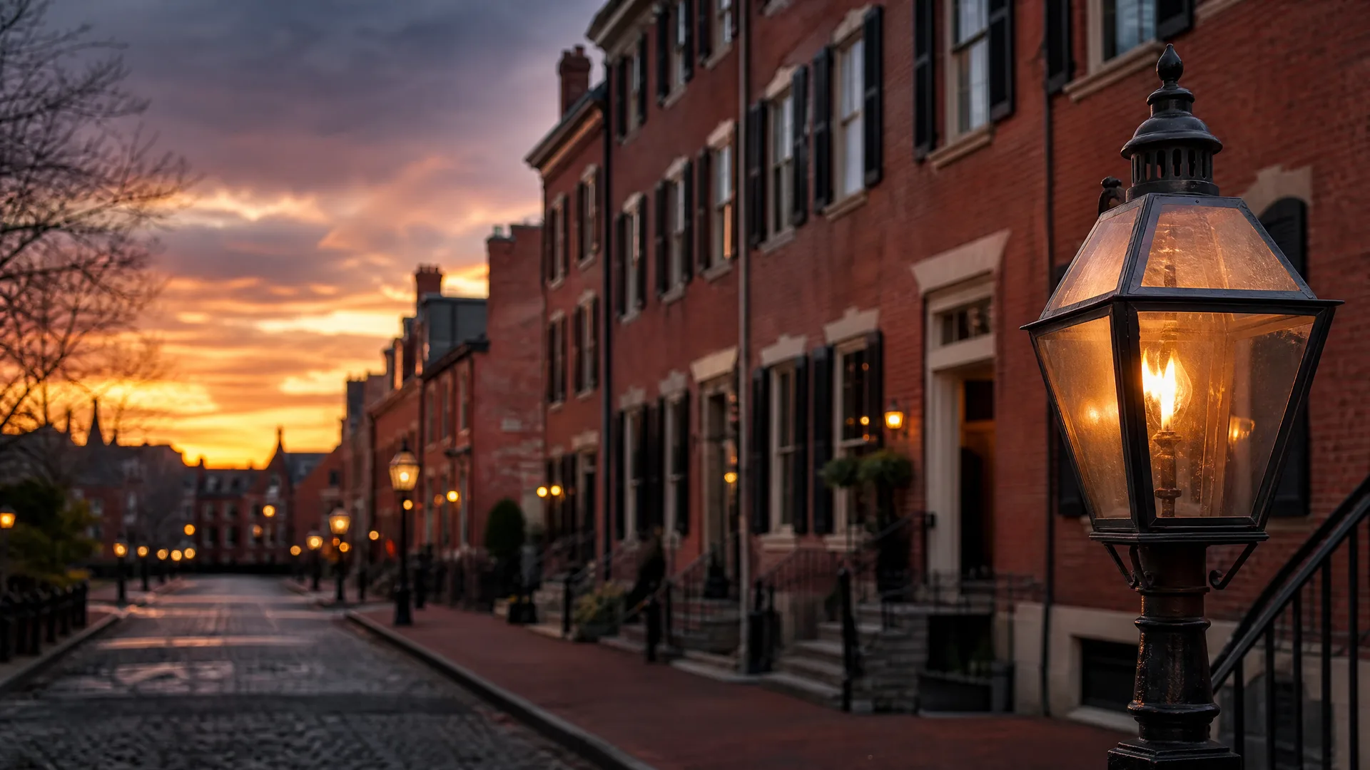 A lit gas-style street lantern in the foreground beside a cobblestone street lined with brick row houses at dusk, with an orange and purple sunset sky.