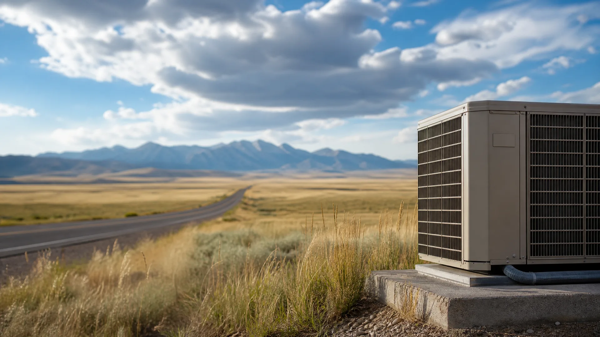 An outdoor air conditioning condenser unit on a concrete pad beside dry grass, with a two-lane road, open plains and distant mountains under a partly cloudy sky.